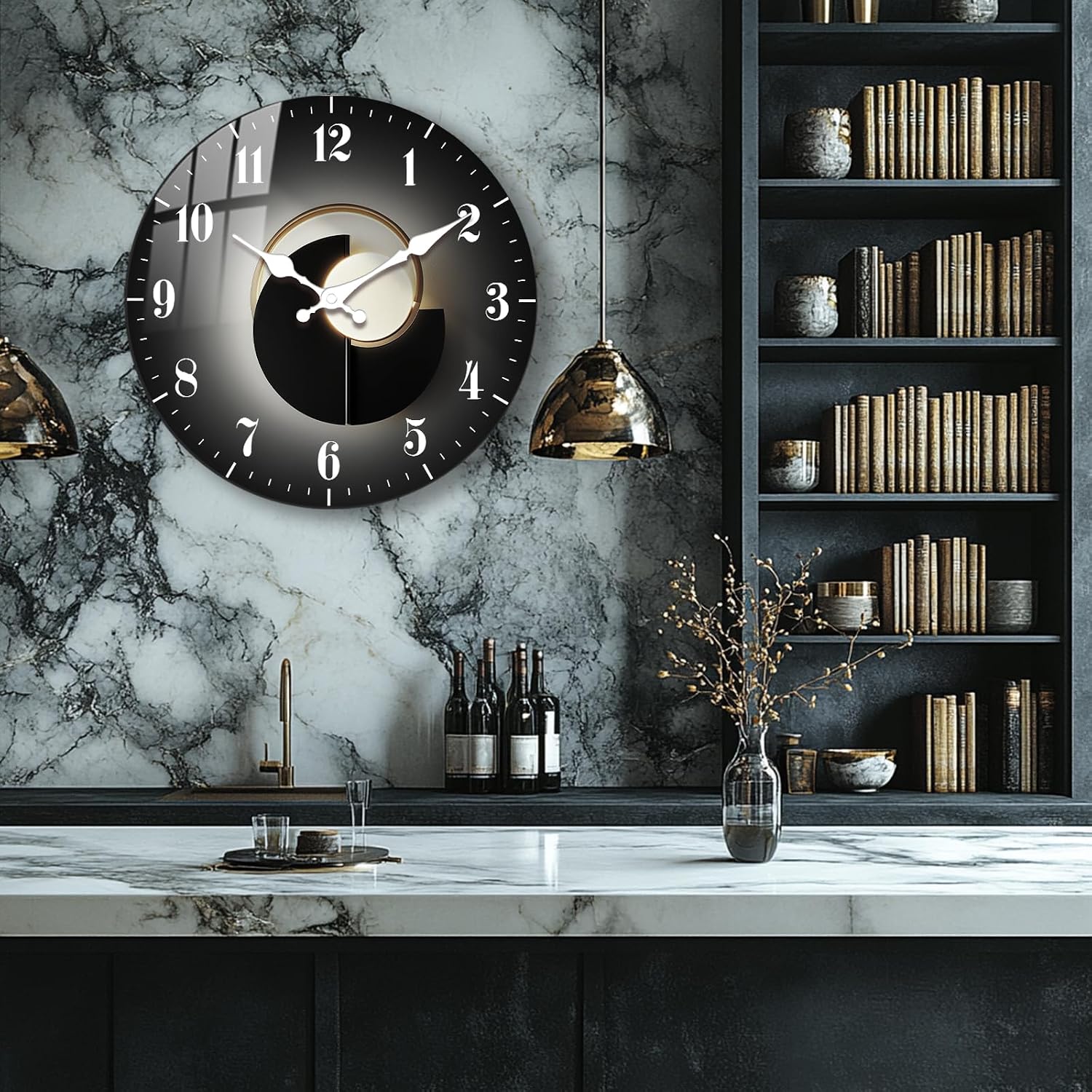 Modern 10 Inch Black and Gold Wall Clock – Silent Decorative Wall Clocks Battery Operated, Wooden Analog Wall Clock Non Ticking for Living Room, Bedroom Home Décor