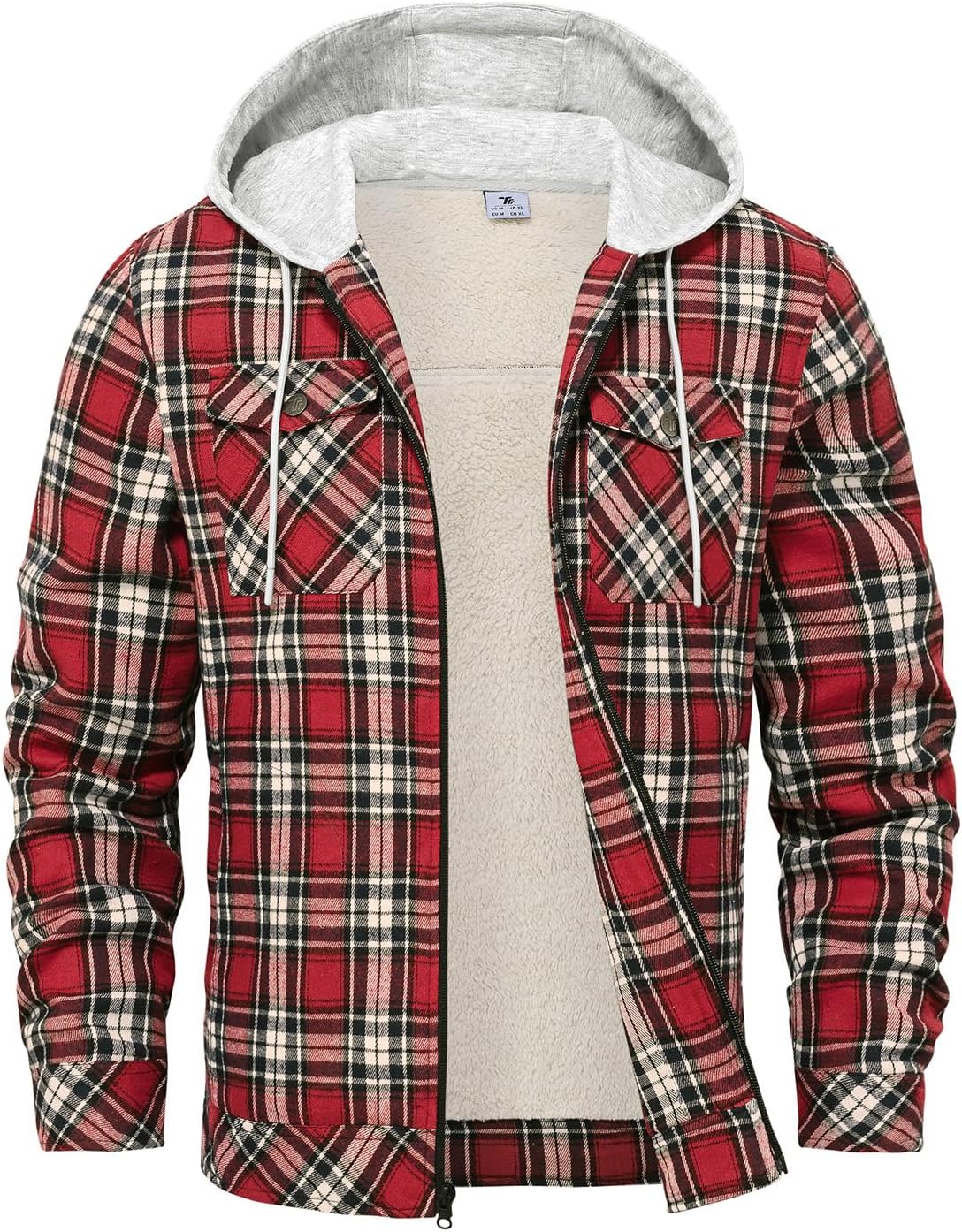 Rdruko Men's Flannel Plaid Shirt Jacket with Hood Sherpa Lined Zip Up Winter Warm Coats