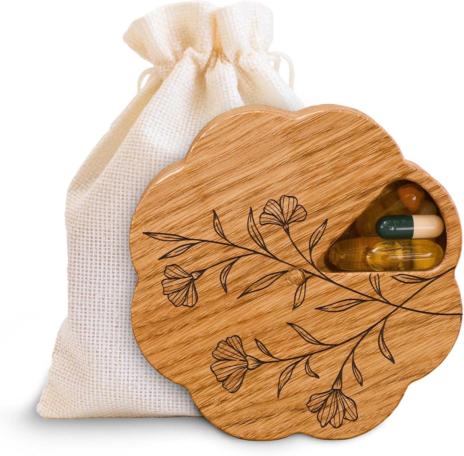 Makety Cute Pill Organizer, 7 Day Vitamin Holder with Magnetic Lid, Floral Design, Solid Oak Wood