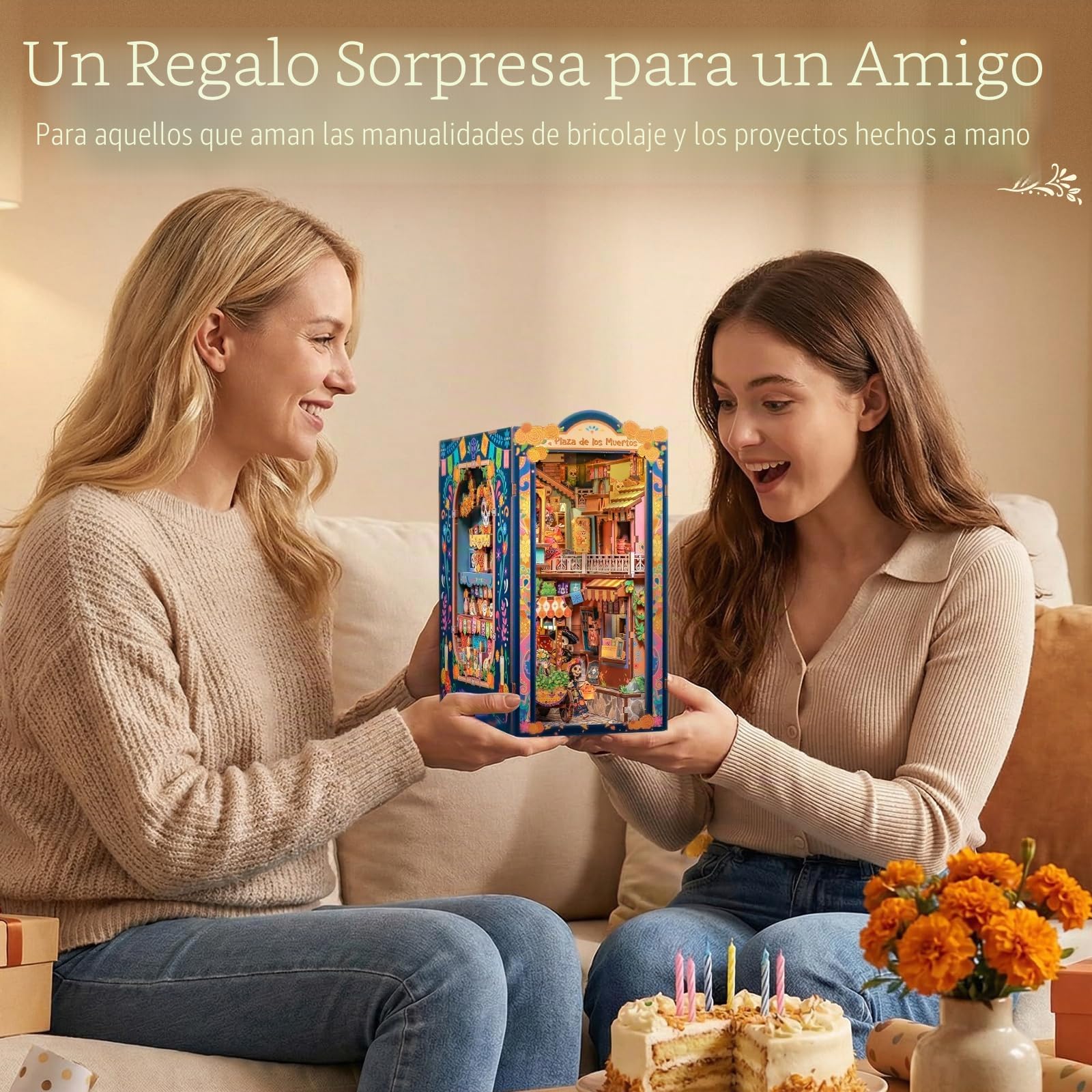 CUTEBEE Book Nook Kit - Casa de Muñecas DIY para Adultos, Maqueta en Miniatura para Montar, Rompecabezas 3D de Madera del Día de Muertos, Decoración para Estantería (Plaza de los Muertos)