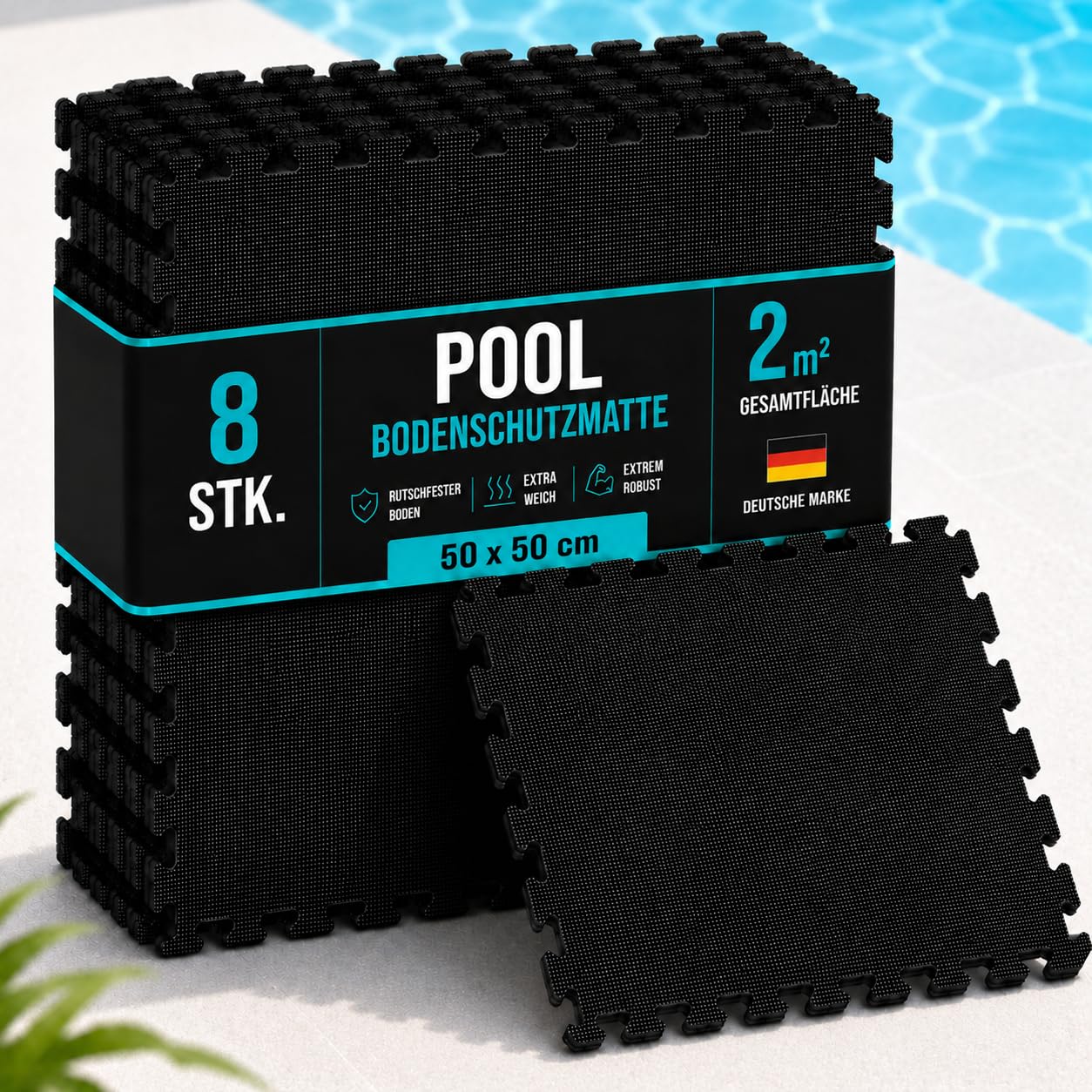 poolomio® Bodenschutzmatte Pool 8 Stück XXL 50x50 cm – Poolmatte Outdoor, rutschfest & isolierend – Pool Unterlage Schutzboden für Whirlpool & Aufstellpool, Eva Puzzle Matte grau