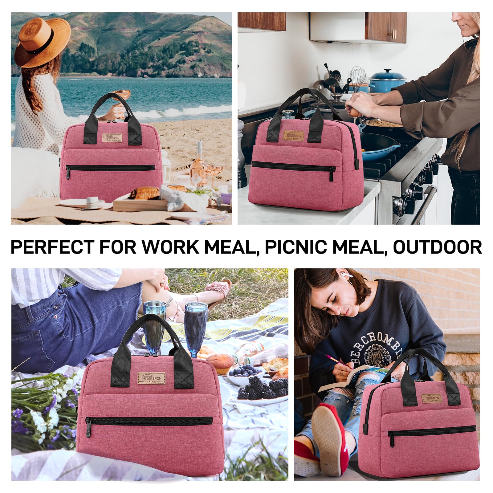 HOMESPON Sac à déjeuner isotherme pour femme/homme/travail/pique-nique/grande taille Rose