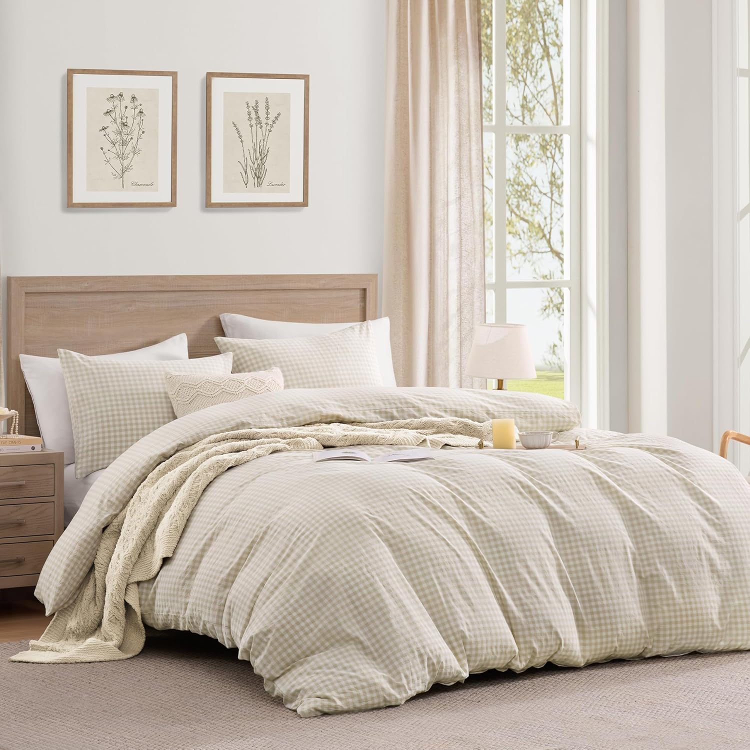 Andency Cream Gingham Duvet Cover Full, 100% Wash Cotton Linen Like Textured Breathable Comforter Cover Set, 3 Piece Beige Classic Yarn-Dyed Checkered Plaid Bedding Set, 79"*90"