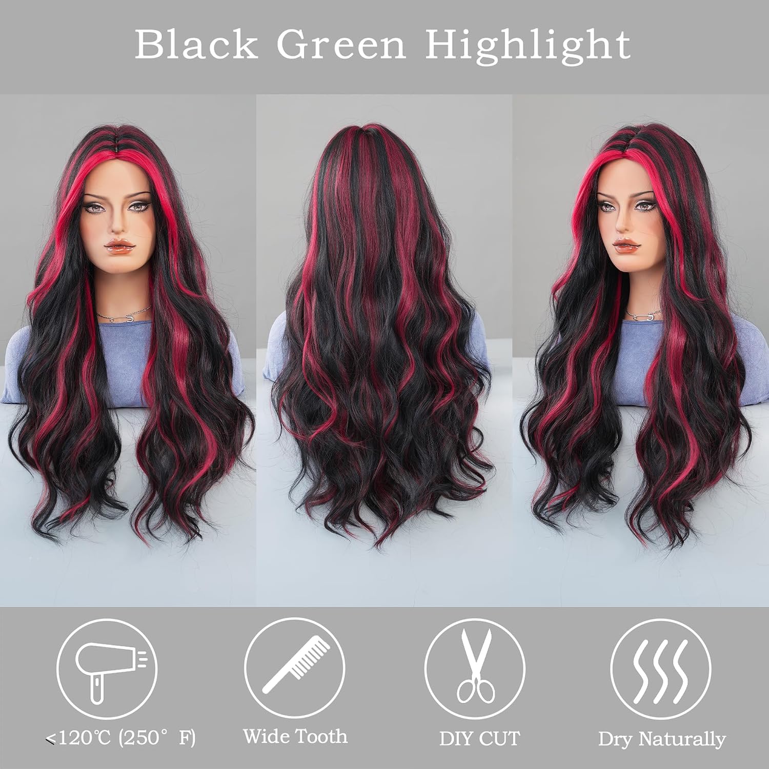 Black Wig Pink Highlight Side Part Ombre Rose Pink Curtain Bang Wig For Women 26 Inch Long Wavy Wigs For Daily Party Use Festival Gifts