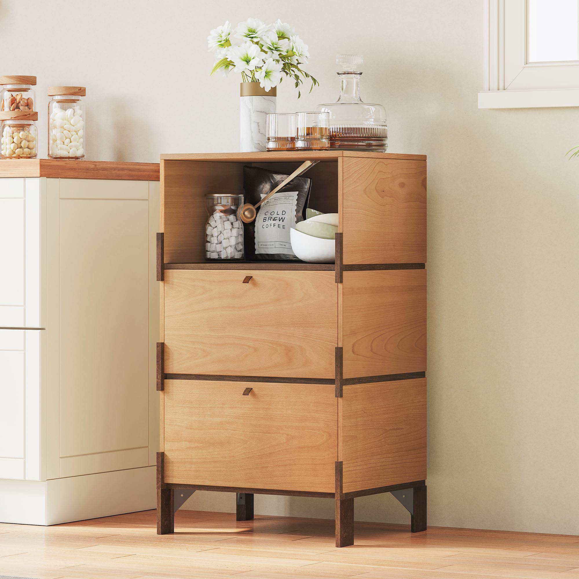 WHOOSPEREH Sebastack Sideboard, Buffet Cabinet with 2 Drawers & Open Storage, Easy Assembly Coffee Bar Wood Buffet Table for Kitchen, Dining Room,