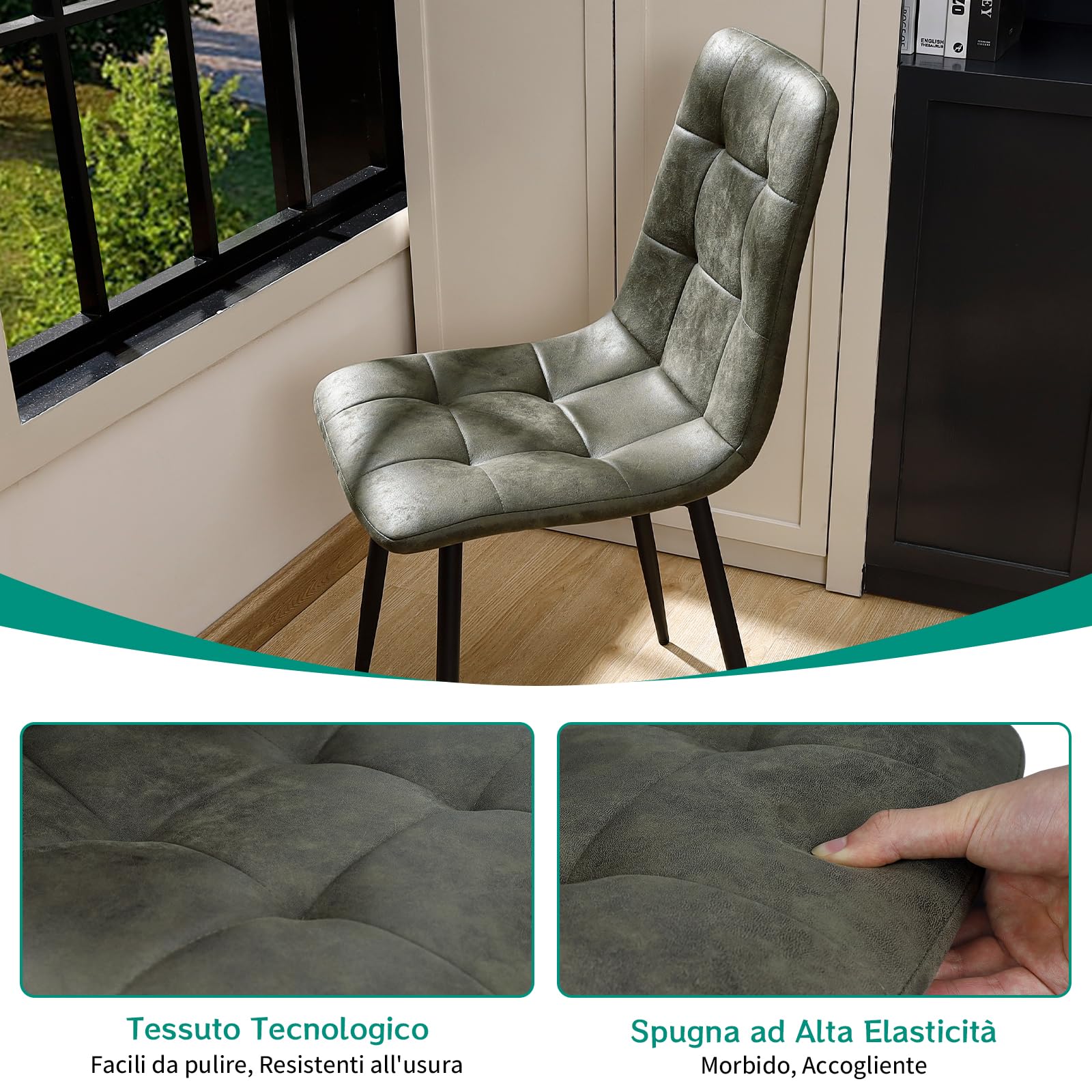 JIJIAN Set di 4 Sedie Sala da Pranzo, Sedie da Cucina in Tessuto Tecnologico, Sedie imbottite per Soggiorno con Gambe in Metallo Nero, Adatte per Sala da Pranzo, Sala d'attesa, Verde Oliva