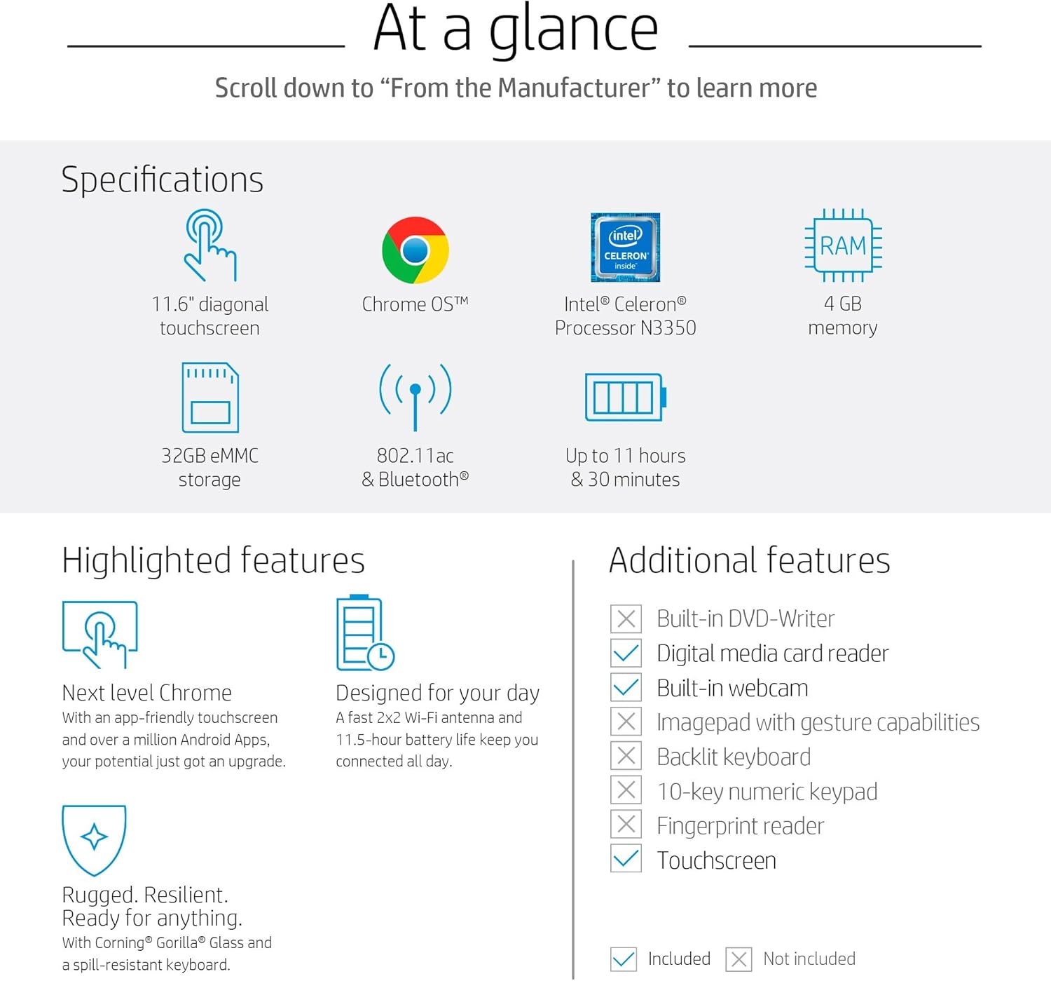 Amazing 🔥 HP Chromebook x360 11-inch Convertible Laptop, Intel Celeron N3350, 4GB RAM, 32GB eMMC storage, Chrome OS (11-ae040nr, White) (Renewed)