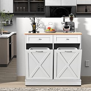 Betterhood Double Tilt Out Trash Cabinet Can Bin Kitchen 20 Gallon Wooden Free Standing Laundry Sorter,Recycling Cabinet with Hideaway Drawer, (White)