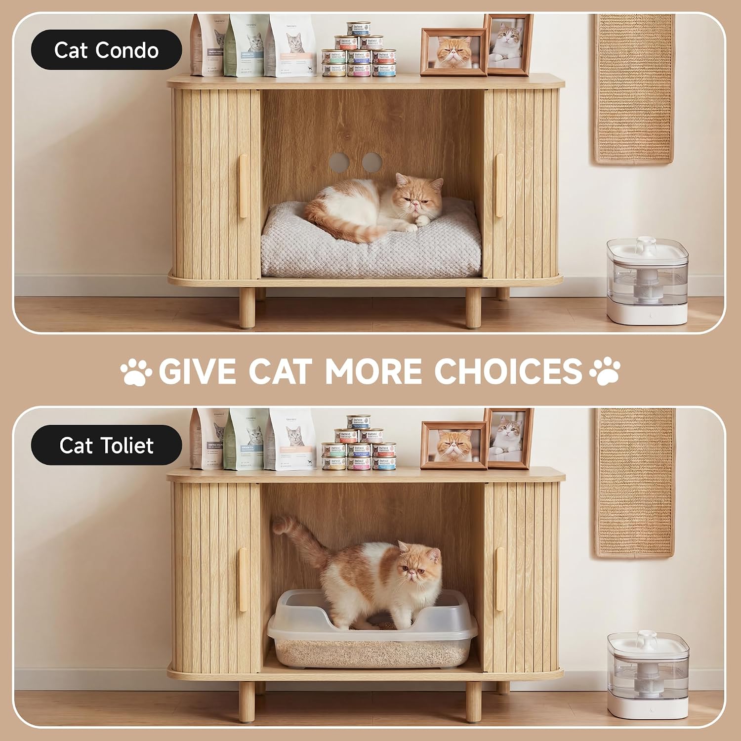 Fluted Cat Litter Box Enclosure Furniture with Litter Collector, 35" Large Hidden Litter Box Cabinet with Sliding Door, Indoor Cat House Kitty Litter Box for Hallway Bedroom,Natural