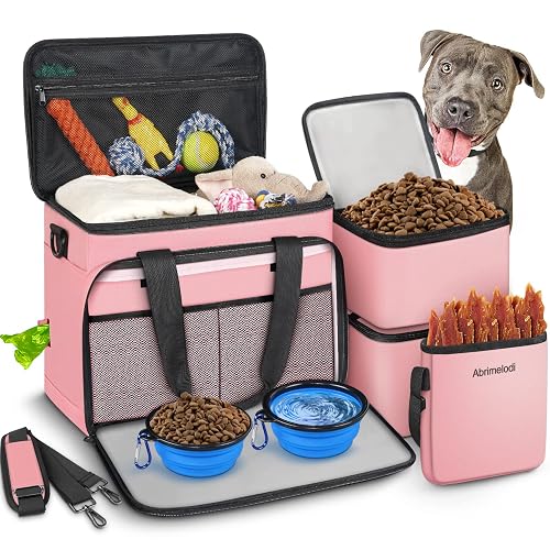 Dog travel bag set with collapsible bowls and food containers