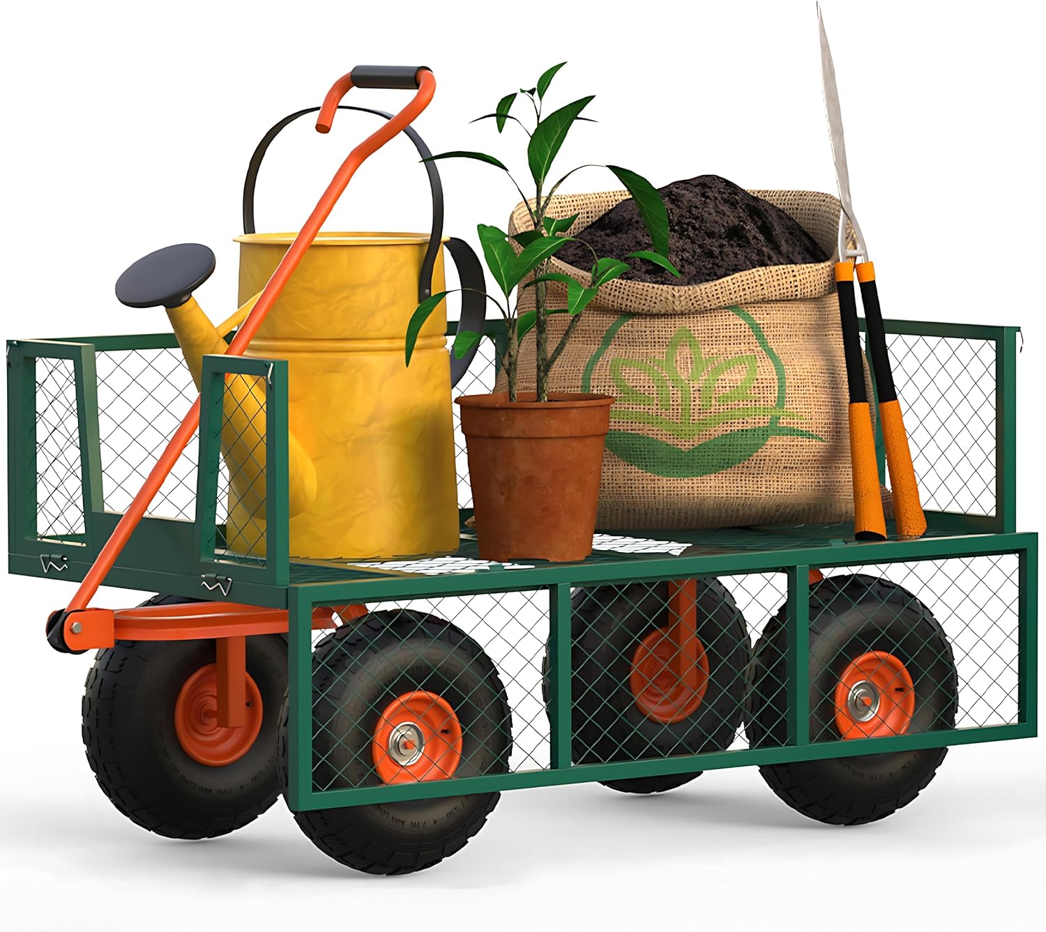 GarveeTech Steel Garden Cart with 10 in Wheels, 500 LBS Utility Wagon Cart with Removable Sides & 180° Rotating Handle for Garden, Lawn, Farm, Warehouse, Outdoor Use, Heavy Duty, Green/Orange
