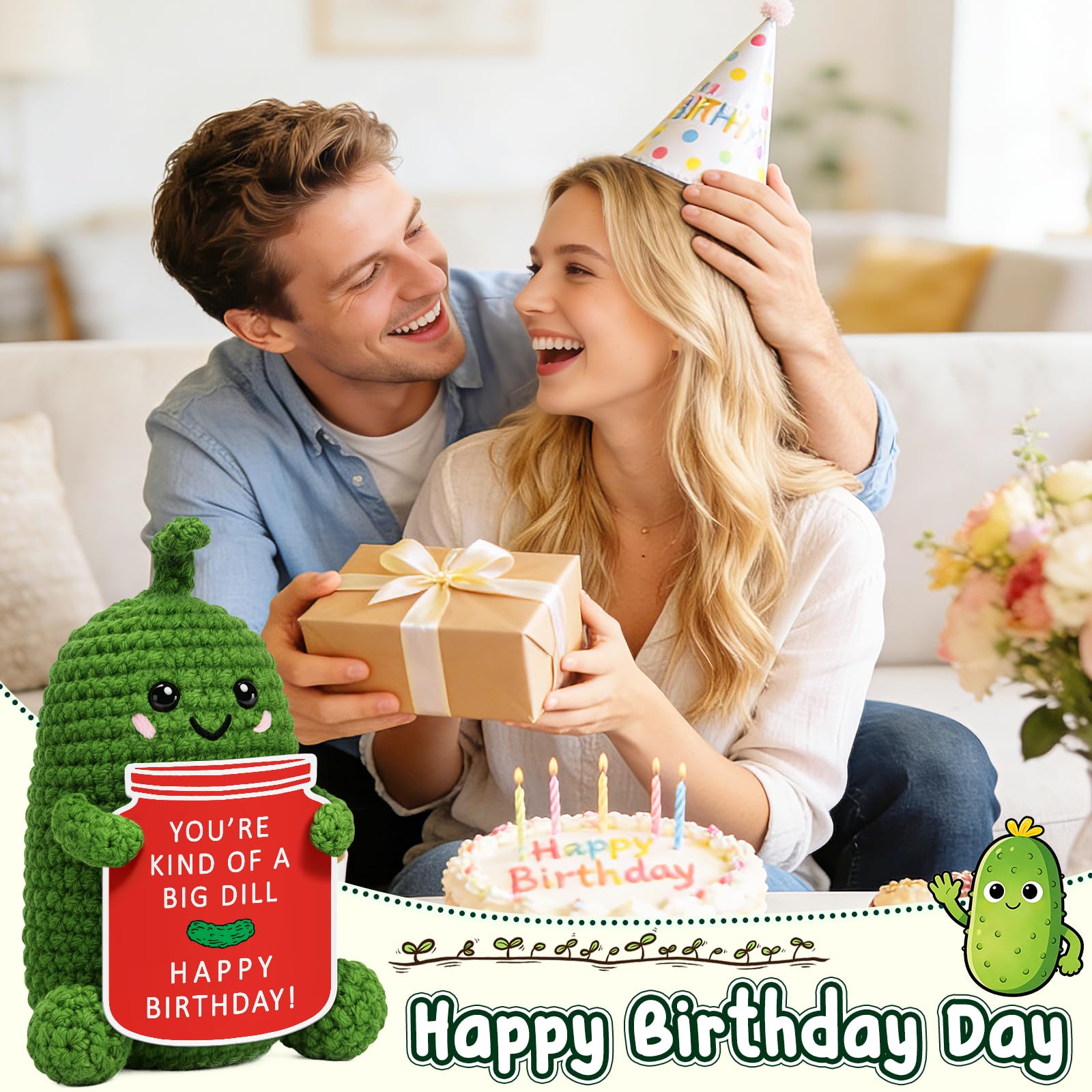 Xinezaa Crochet Pickle Gifts, Birthday Gift for Women Men, Cute Funny Birthday Card for Mom, Dad, Sister, Friend, Daughter, Wife, Girlfriend, Teens, Coworkers, Unique Bday Gifts Present for Her