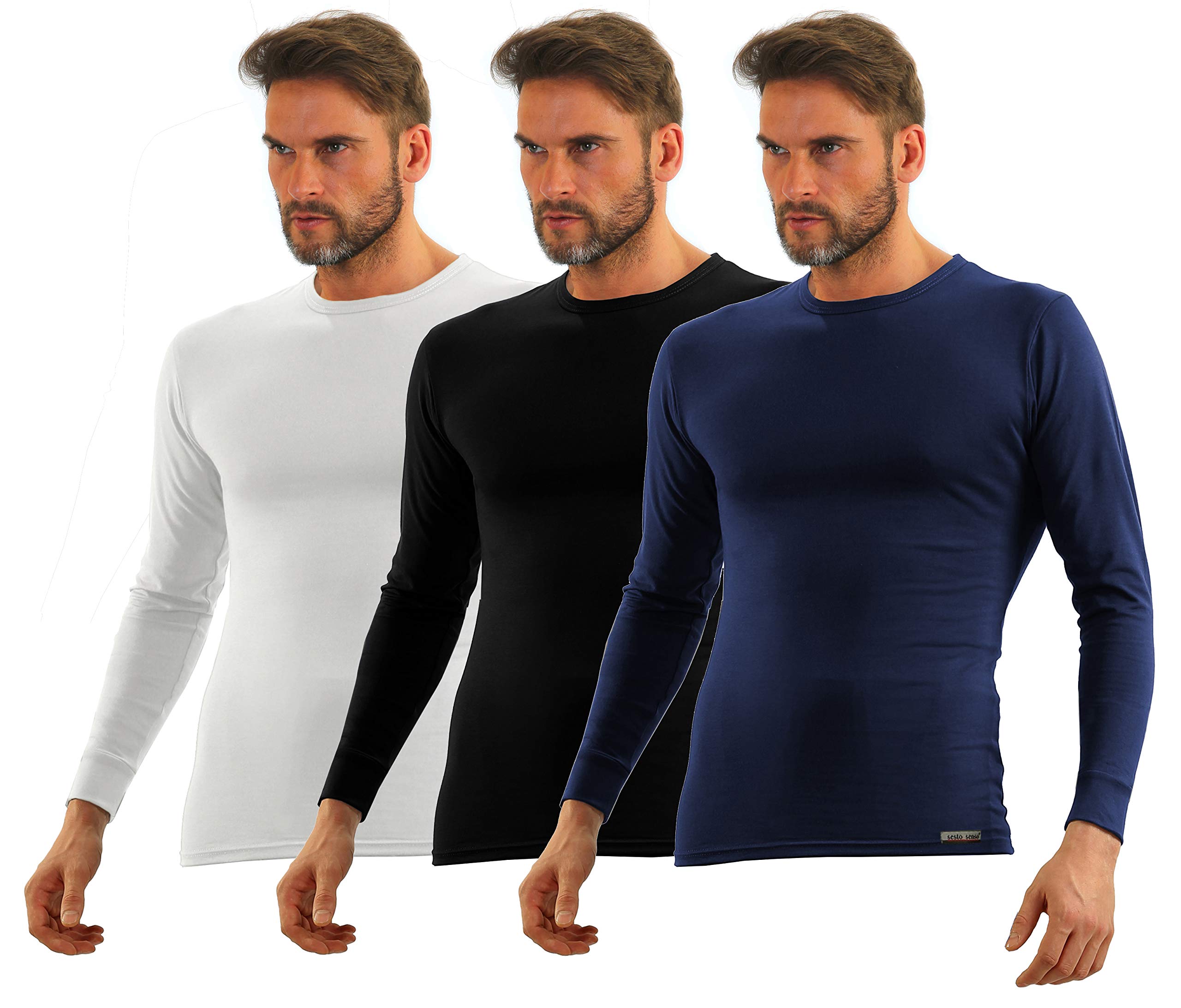 sesto senso Maglia Intima Uomo Lunga Pacco da 3 Cotone T-Shirt Termica Funzionale Biancheria Maniche Lunghe S 3 Wh Bl Blu