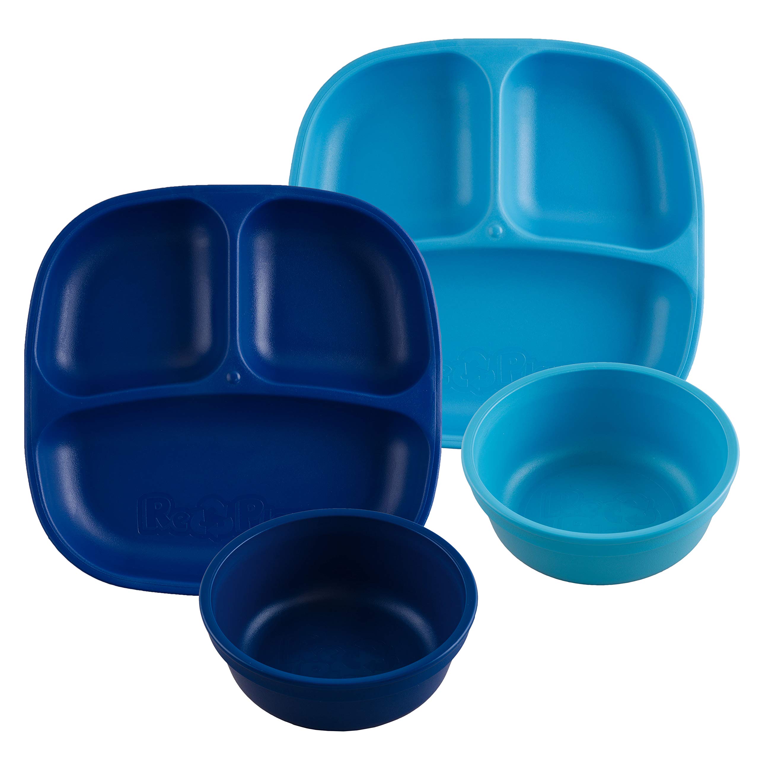 Re-Play Made in USA 4pk Starter Dining Set of 2 Divided Plates with 2 Matching Bowls in Navy and Sky Blue. Made from Eco Friendly Heavyweight Recycled Milk Jugs - Virtually Indestructible!