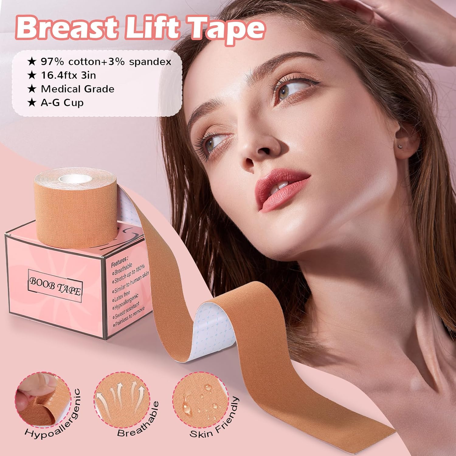 Mciotk Boob Tape Kit - Boobytape for Breast Lift w 2 Body Tape, 2 Pcs Silicone Nipple Covers,12 Pcs Satin Nipple Stickers, 36 Pcs Double Sided Tape, BoobTape for Large Breasts A-G Cup Beige