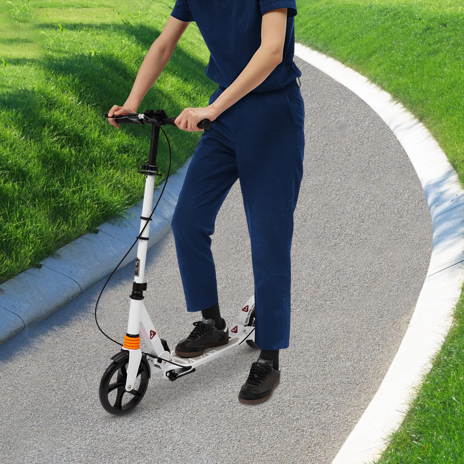 Patinete de ciudad plegable, altura ajustable, de aluminio para hasta 100 kg, cómodo patinete para adultos y jóvenes con frenos de disco dobles, color blanco