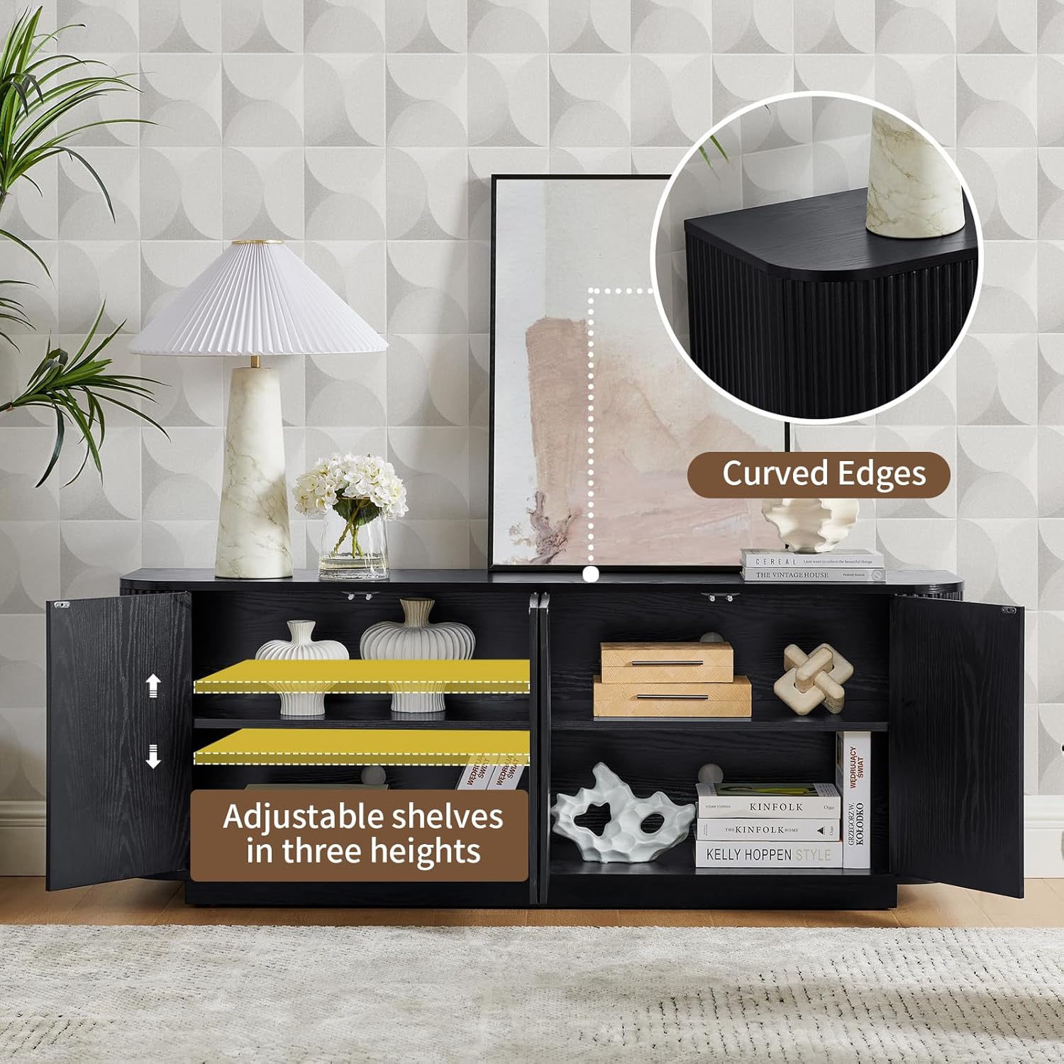 64" Fluted TV Stand for TVs up to 74 Inch, Modern Entertainment Center TV Console Media Console Credenza Table with Adjustable Shelves Pressed Spring for Living Room, Black - Image 5