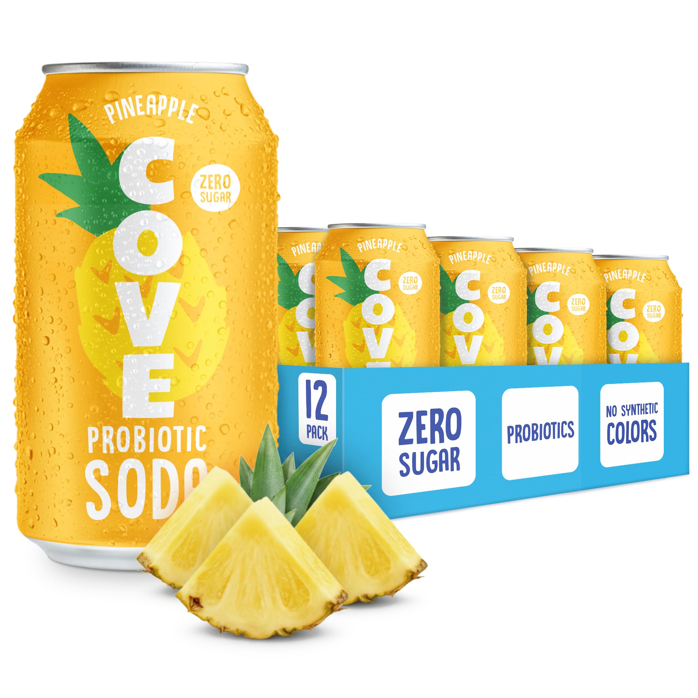 cove prebiotic soda soft drinks with zero sugar - refreshing healthy soda alternative with 4g of fiber for digestive support - natural, caffeine free sparkling beverage - pineapple, 12 pack