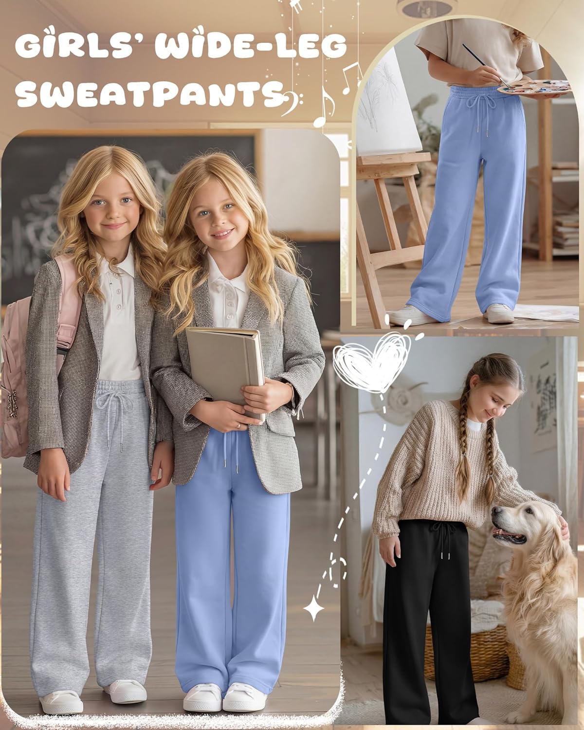 Teen Girls Sweatpants Wide Leg Drawstring Elastic Waist Pants Straight Leg Athletic Trousers with Pockets(Light Blue, Light Heather Gray, Black,9-10 Years)