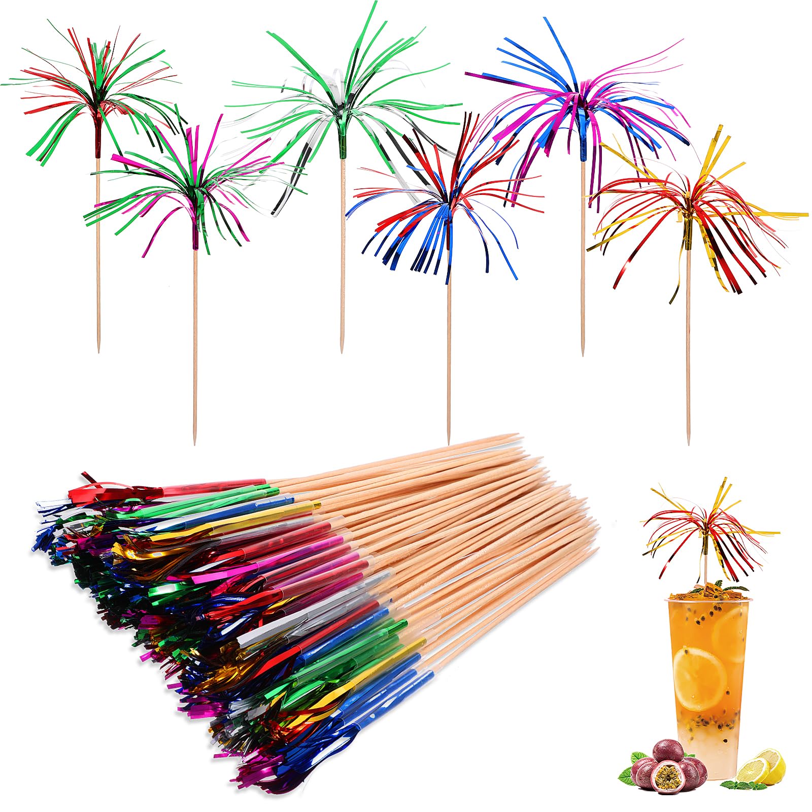 Lot De 100 Pics à Cocktail Palmiers - 15cm, Colorés (Argent, Or, Bleu, Etc.) - Pour Boissons, Fruits