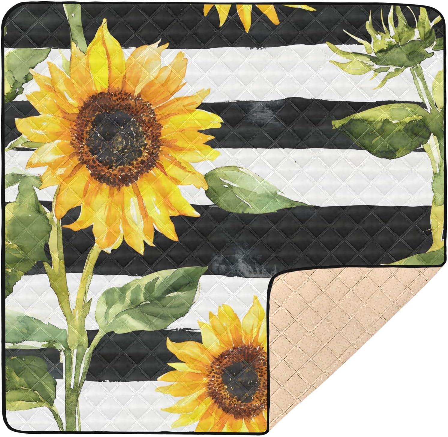 Watercolor Sunflower and Stripe Pattern Baby Play Mat, 50“ X 50” Washable Folding Crawling Mat, Baby Floor Mat, Soft, Thick, Non-Slip