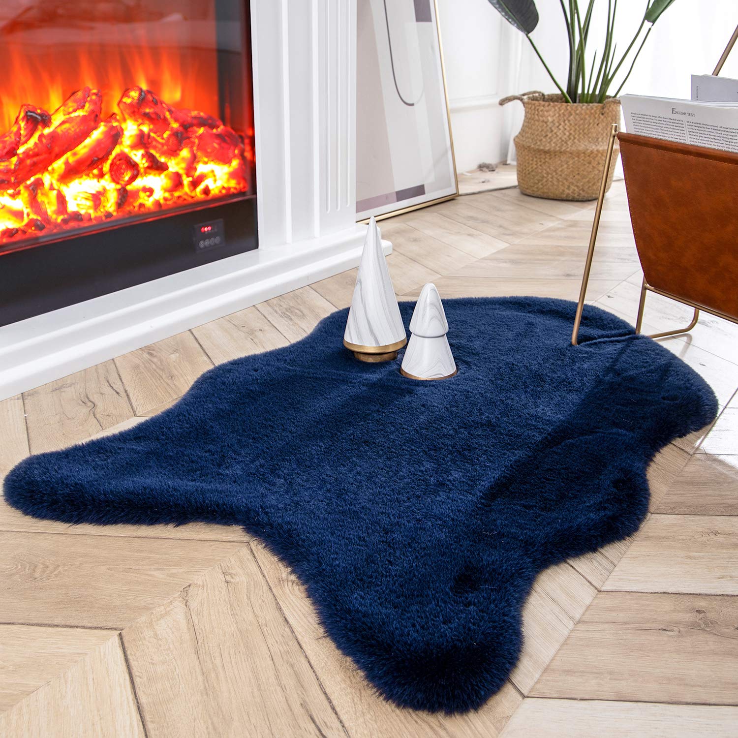 Ashler Faux Rabbit Fur Rug, Dark Blue Fluffy Area Rugs, Shaggy 2 x 3 Feet Chaircover, Ultra Soft Irregular Shaped Rug, Machine Washable Carpet, Nursery Throw Rugs for Bedroom, Kids Room, Living Room