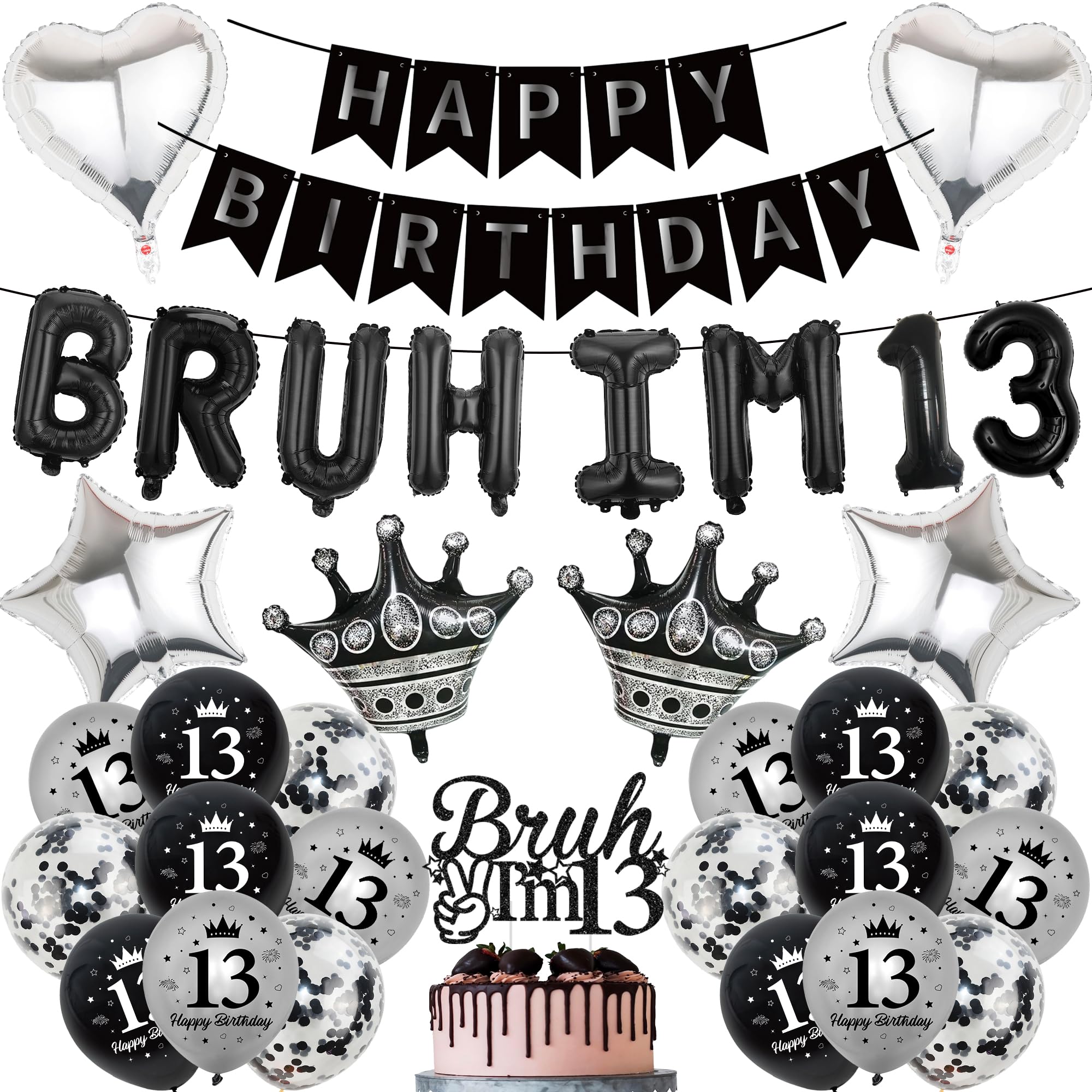 13th Birthday Decorations Banners Boys - 34 Pcs Black and Silver Happy Birthday Banner Bruh I'M 13 Star Heart Crown Foil Balloons Cake Topper Sequin Balloons for 13 Years Old Boy Party Decor Supplie