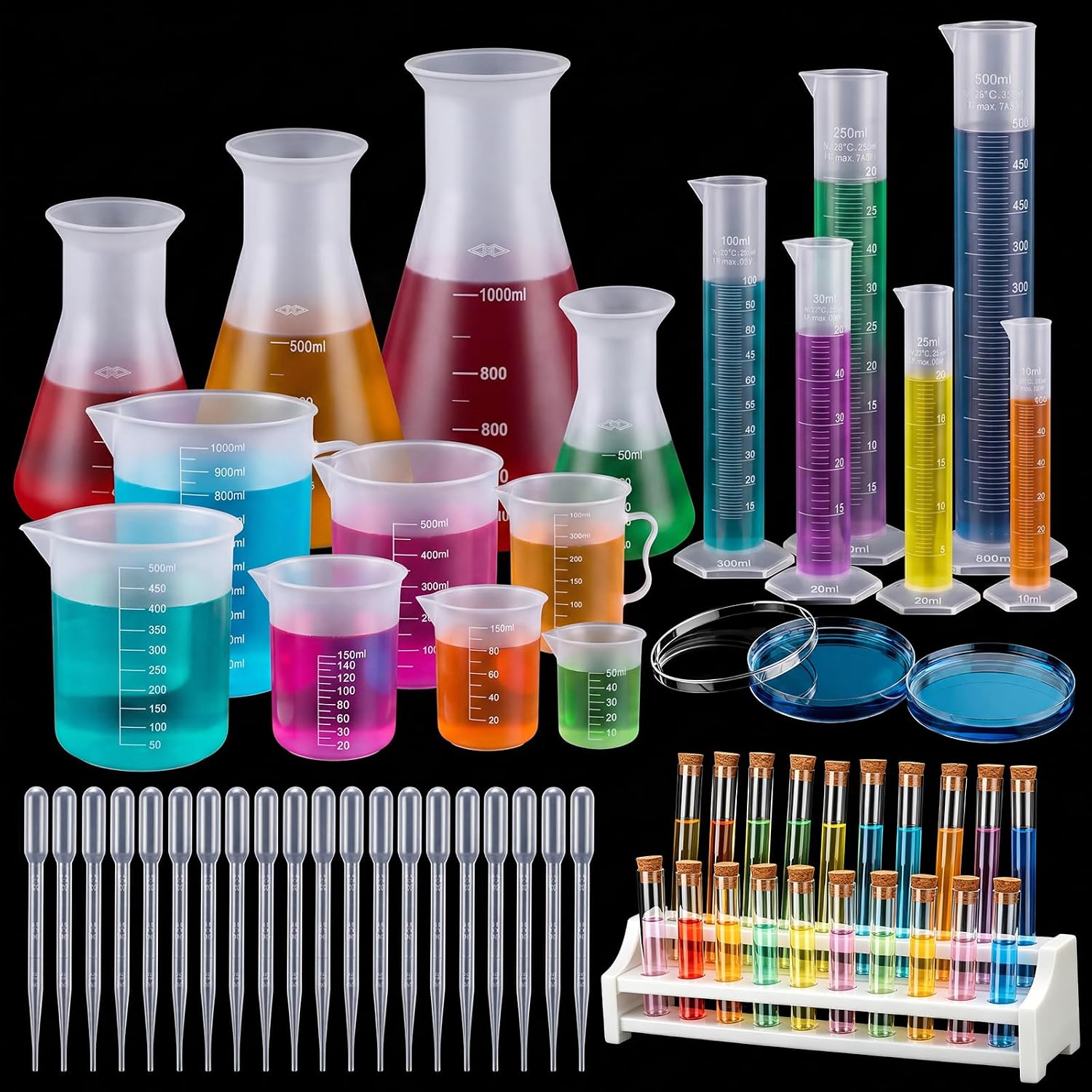 Mifoci 60 Pcs Lab Set Beakers Flask Test Tubes Cylinder Droppers Rack