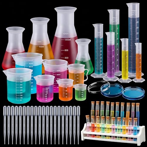 Mifoci 60 Pcs Lab Set Beakers Flask Test Tubes Cylinder Droppers Rack | 7 Beakers, 6 Cylinders, 4 Flasks, 20 Tubes with Rack, 20 Droppers, 2 Petri Dishes, Safe for Home Science Lab Party DIY