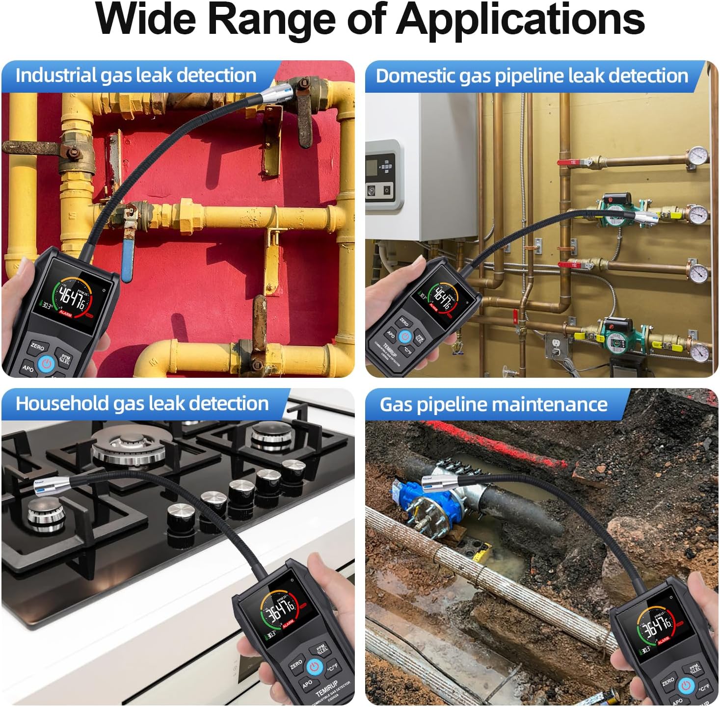Gas Leak Detector, TEMIRUP Natural Propane Gas Sniffer Combustible Gas Leak Detector with 50-50000PPM 100% LEL, 2.6'' Color LCD Display,Temperature Measure, 12" Flexible Probe,High Sensitivity