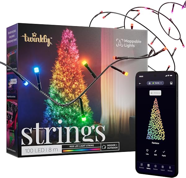 Twinkly Strings 100 LED RGB, Bande LED Intérieur et Extérieur, Lumières LED Smart Multicolores, Compatible avec Alexa et Google Home, IP44, Contrôlé par App, Fil Noir, 8m