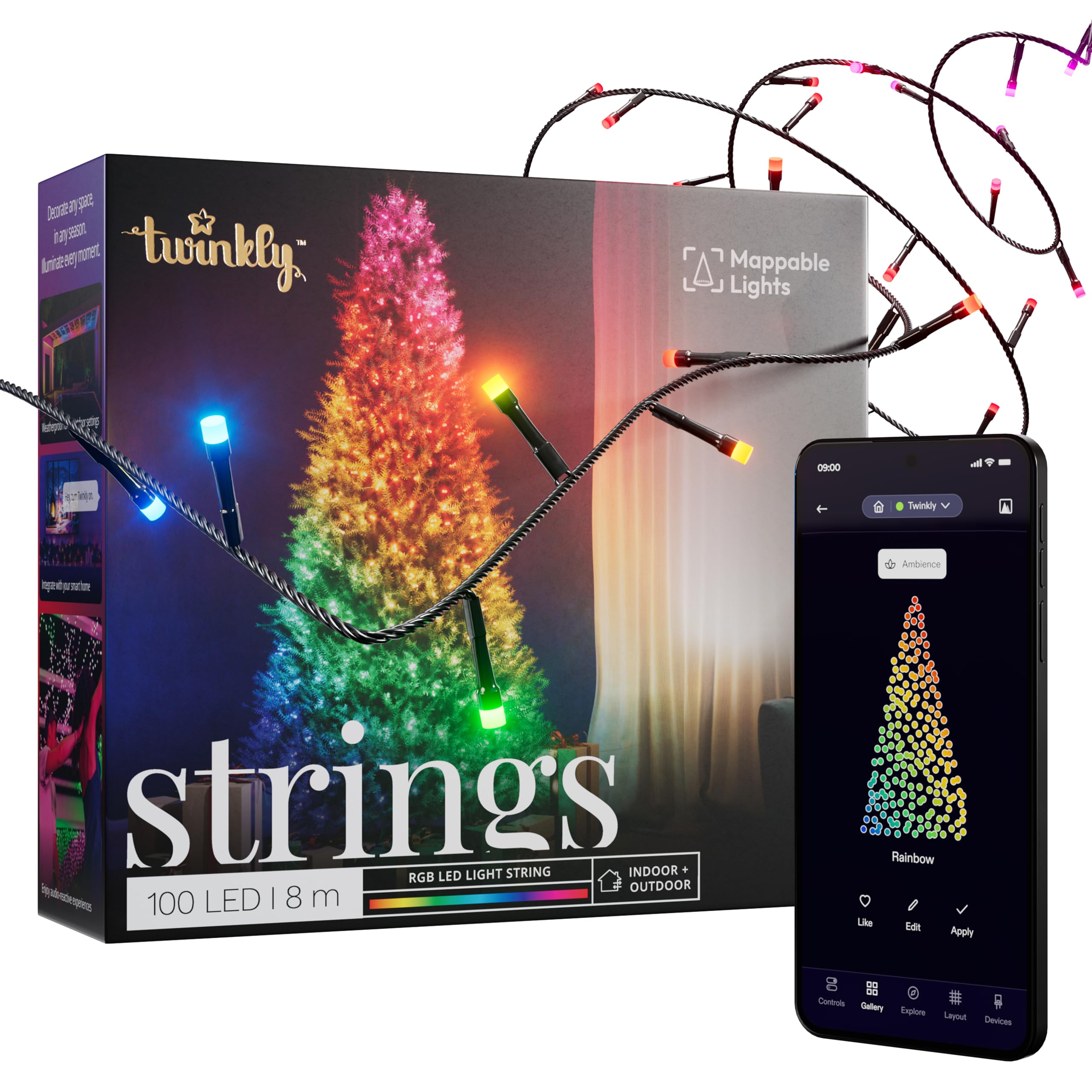 Twinkly Strings 100 LED RGB, LED Light String for in- and Outdoor, Christmas Lights, Smart LED Lights, Mappable LEDs, Compatible with Alexa and Google Home, IP44, Controlled by App, Black Wire, 8m