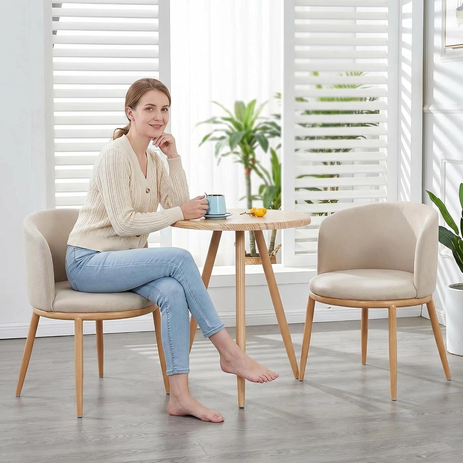 Dining Table Chairs Set, 24" Table & Fabric Chairs with Padded Seat For 2 | Compact Modern Design, Stain-Resistant, Sturdy Steel Frame with Wood-Grain Finish, Easy 15-Min Setup for Home Office (Beige)