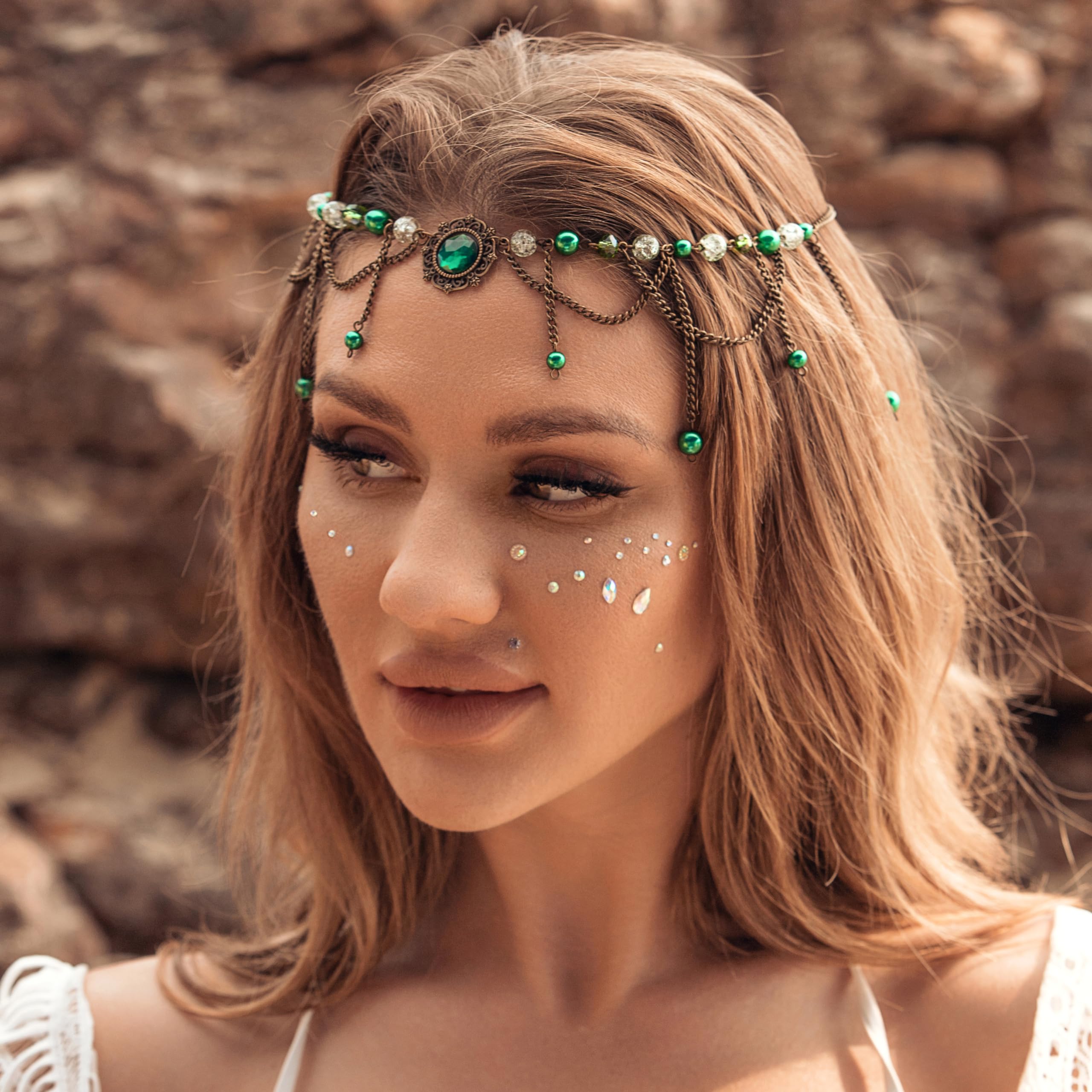 Fashband Boho Ctystal Head Chain Green Beads Headband Vintage Festival Hair Accessories Bridal Wedding Headpiece for Women and Girls - Image 3