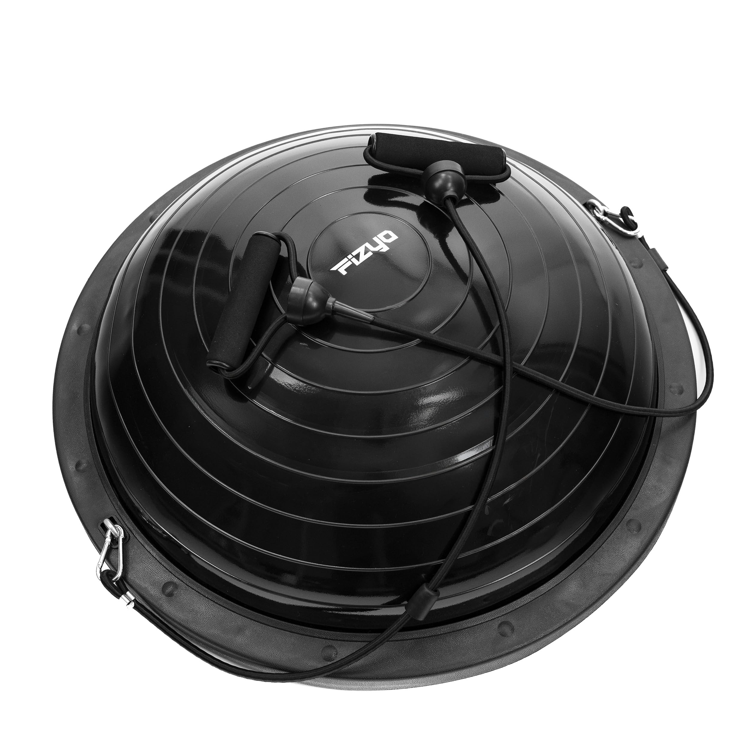 FIZYO Balance Trainer Demi-Boule Ø 58 cm, Ballon d'Équilibre Antidérapant avec Bandes de Résistance & Pompe pour Entraînement Core, Yoga, Pilates, Fitness, Physiothérapie & Rééducation, Noir