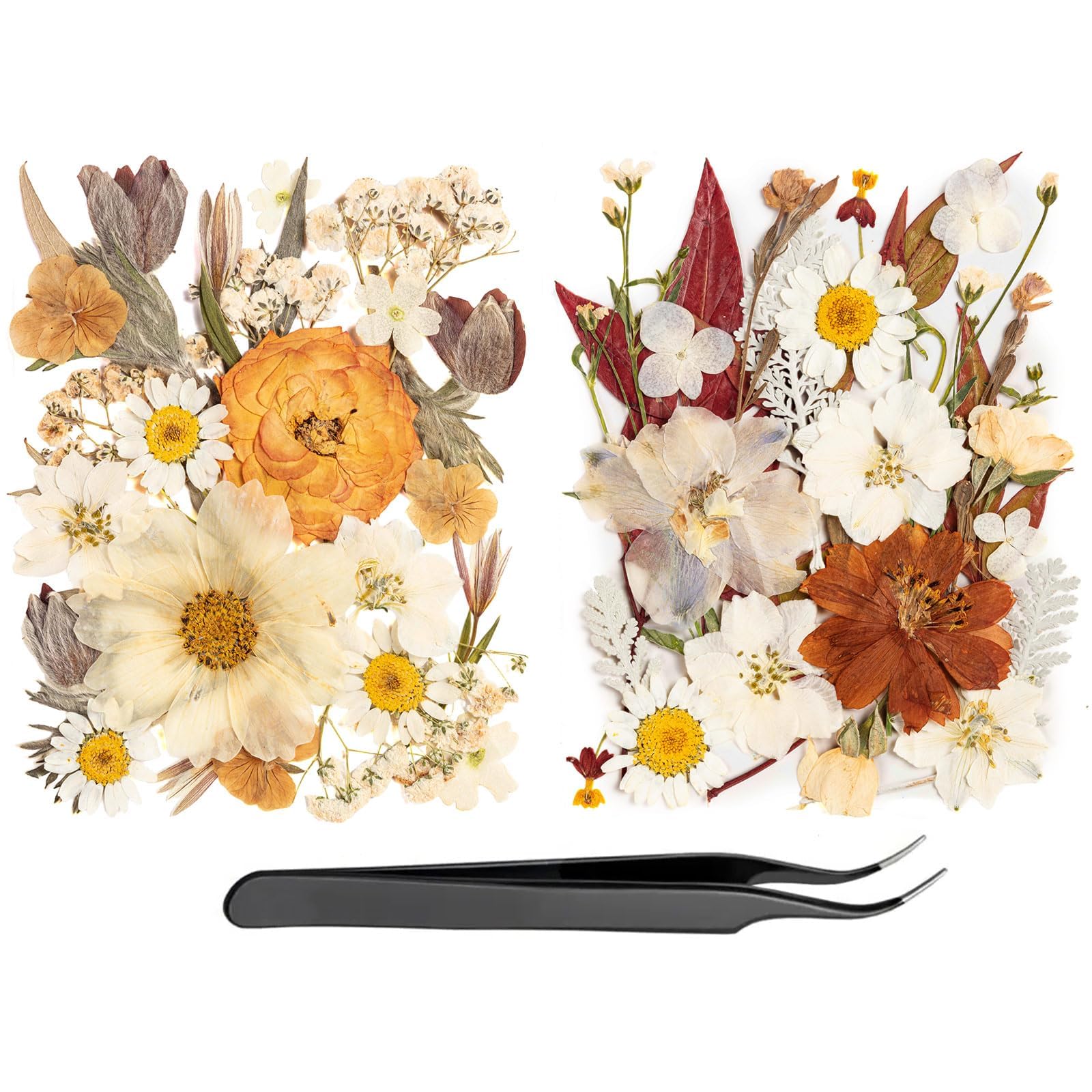 50pcs Boho Pressed Flowers Bulk, Vintage Dried Flower Leaves, Natural Fall Pressed Dried Flowers with Tweezer for DIY Crafts Resin Mold Candles Cake Bridal Scrapbooking Supplies
