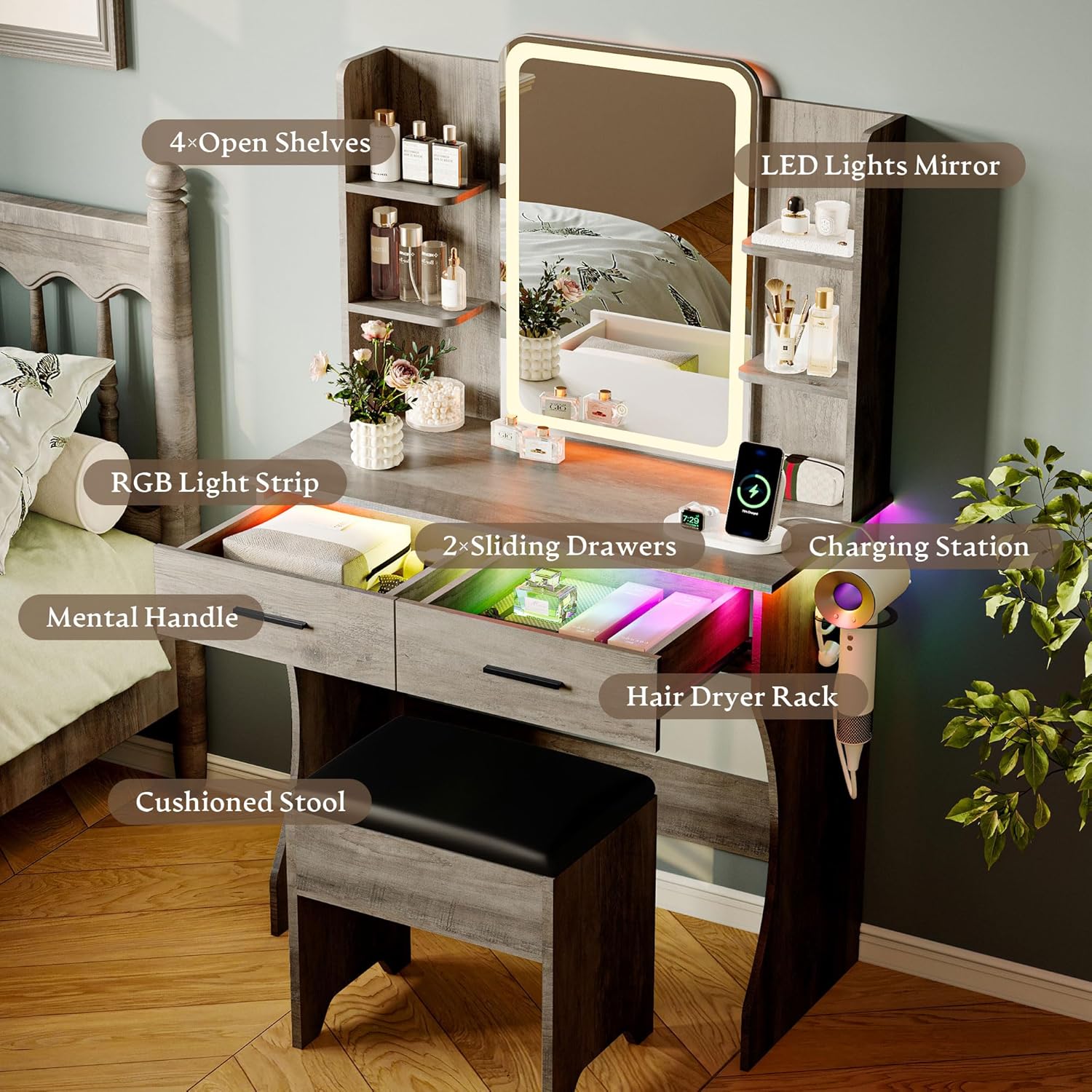 Makeup Vanity Desk with Mirror & Lights, Small Vanity Table Set for Girls with Chair & Power Outlet, Modern Dressing Table with 2 Drawers & 4 Storage Shelves, Adjustable RGB Lighting - Grey