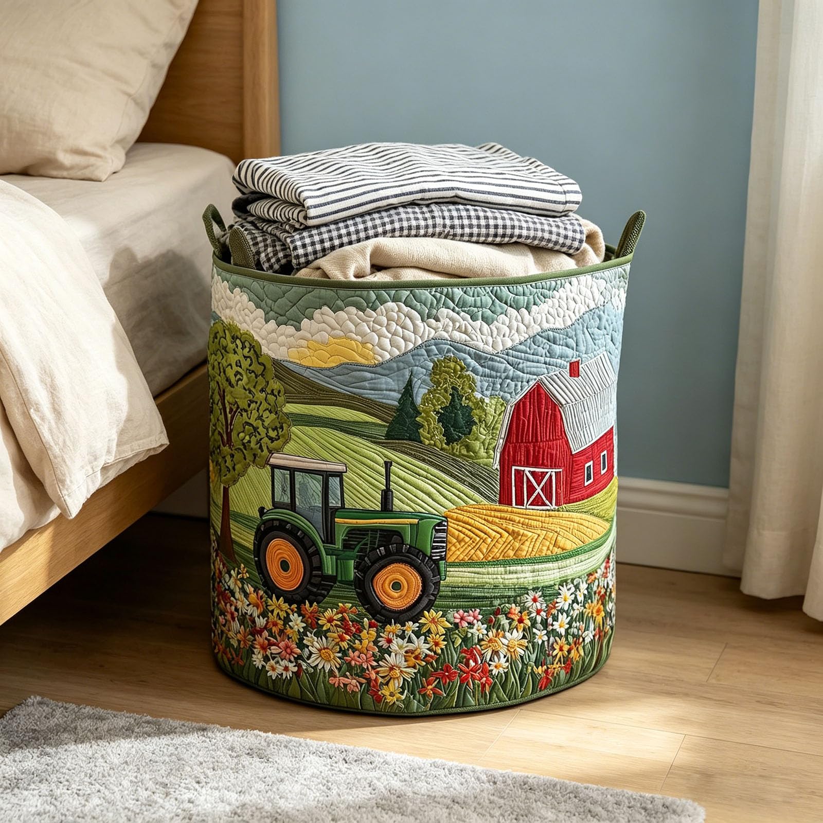 Faltbarer Gesteppter Wäschekorb aus Stoff mit Griffen – Moderner Aufbewahrungskorb für Kleidung, Spielzeug & Decken – Platzsparend & Stabil für Zuhause Bad Kinderzimmer,C,L(20"X28"/51cmX71cm)