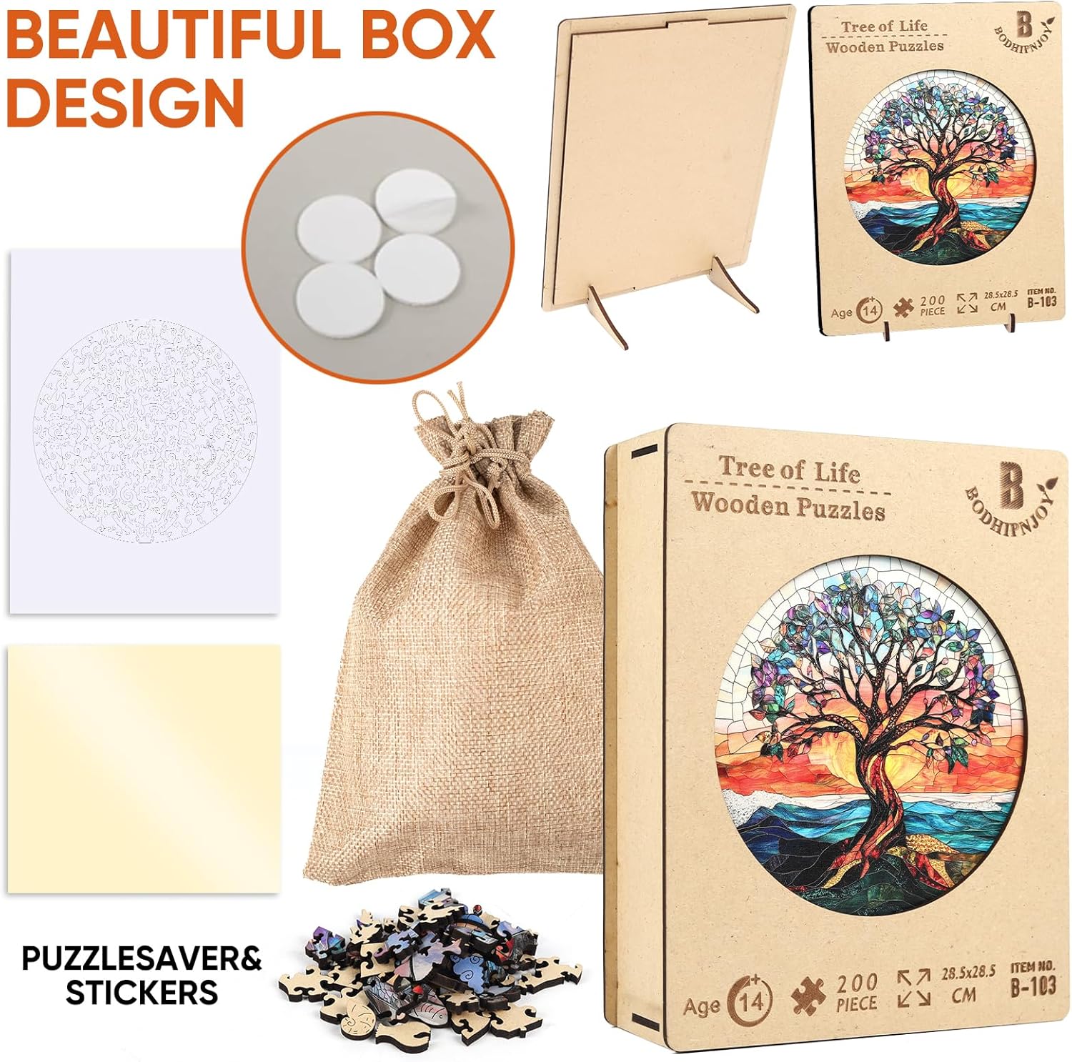 Bodhipnjoy Wooden Puzzles for Adults 500 Pieces, Stained Glass Tree of Life Puzzle, Unique Shape Mosaic Tree Puzzles for Kids, Family Game, Birthday Gifts 16.5 * 16.5 in