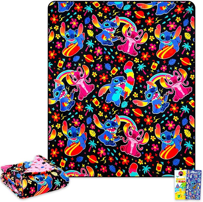 Juego de manta de punto y ángel de Disney – Paquete con acogedora manta suave de doble cara para niños, adultos, niños más pegatinas, más | Manta Squishy Cloud de Stitch and Angel de 46" x 60"