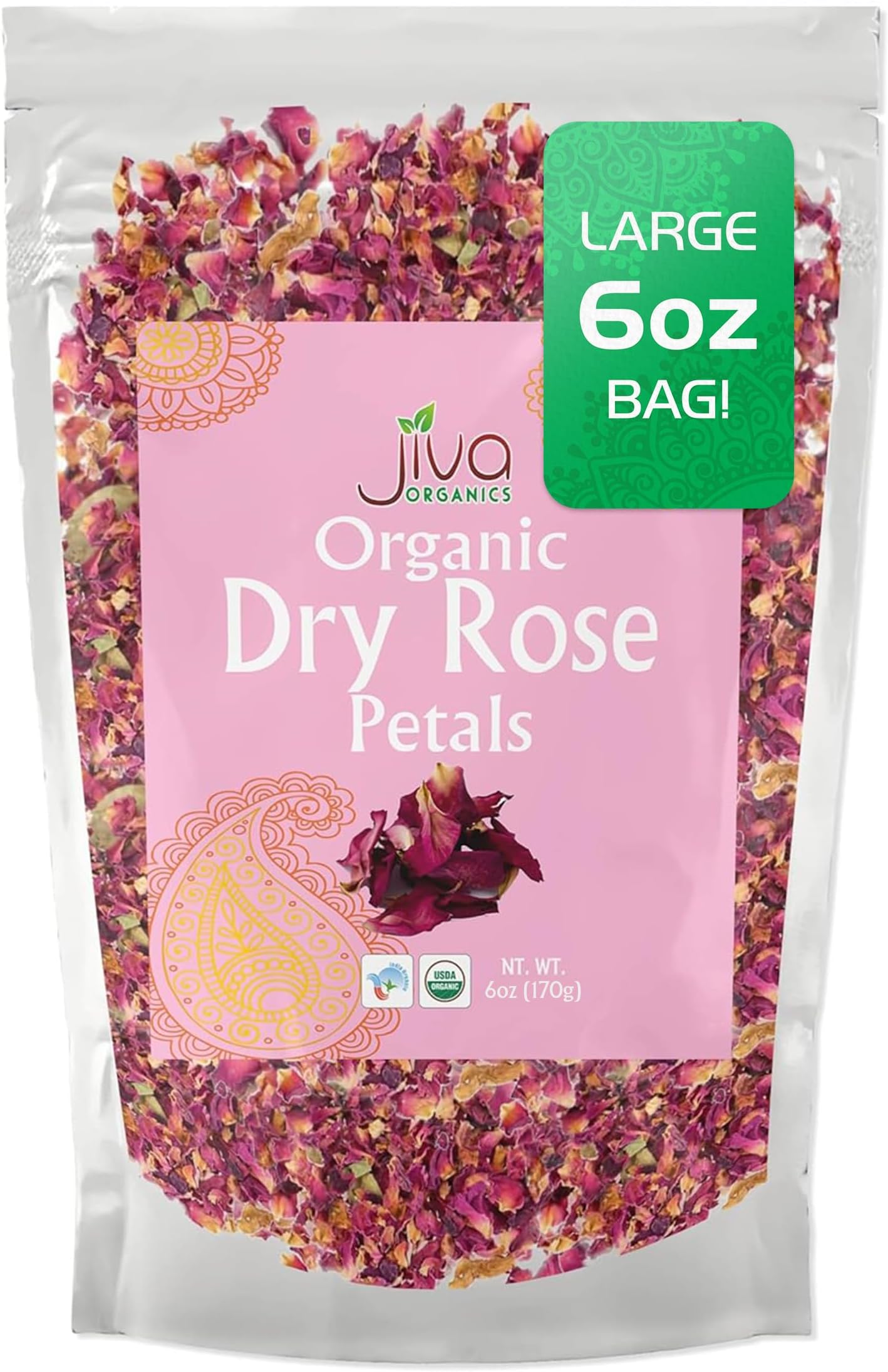 Jiva Organics USDA Dried Red Rose Petals 7 Oz (200g) Large Bag - Food Grade, Edible Flowers - Use in Tea, Baking, Making Rose Water, Crafting, Wedding Confetti