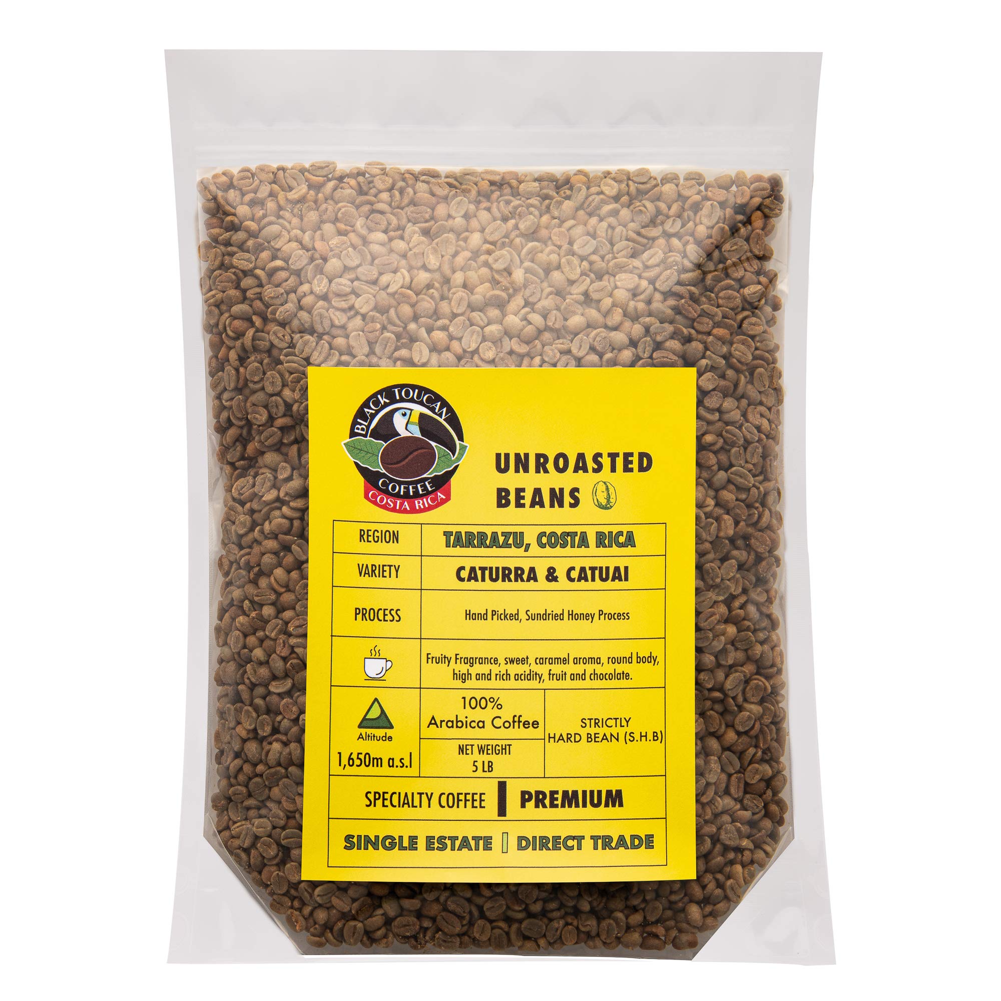 Black Toucan Coffee, Green Unroasted Honey Beans 5 Lb, Imported from Costa Rica Tarrazu, Single Estate Specialty Grade