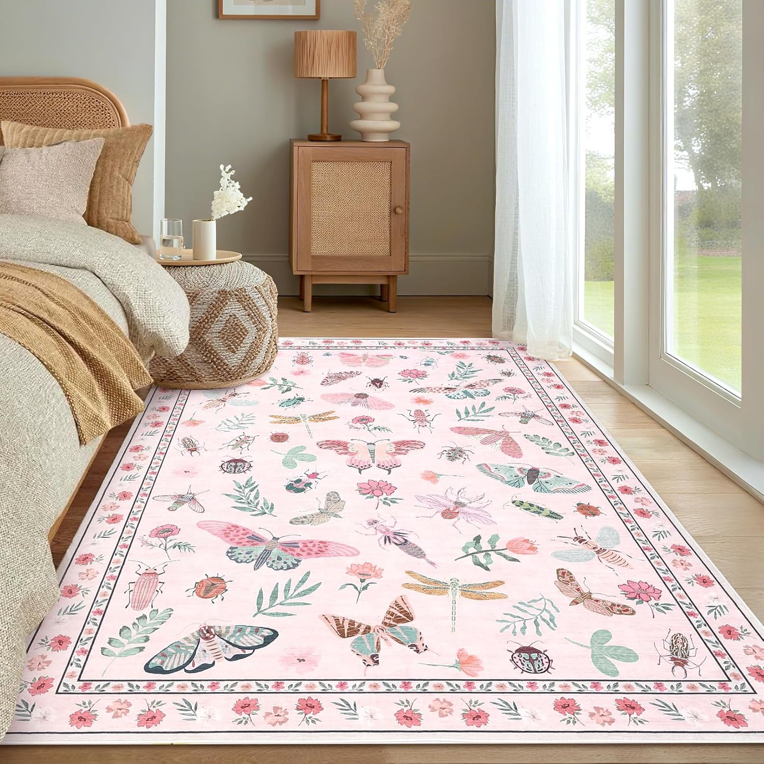 Garvee Floral Washable Insect Butterfly Rugs for Living Room 5x7 Pink Area Rugs with Non Slip Backing, Low Pile Stain Resistant Butterfly Throw Carpet, Foldable Floor Mats for ‎‎Bedroom, Nursery, Pink