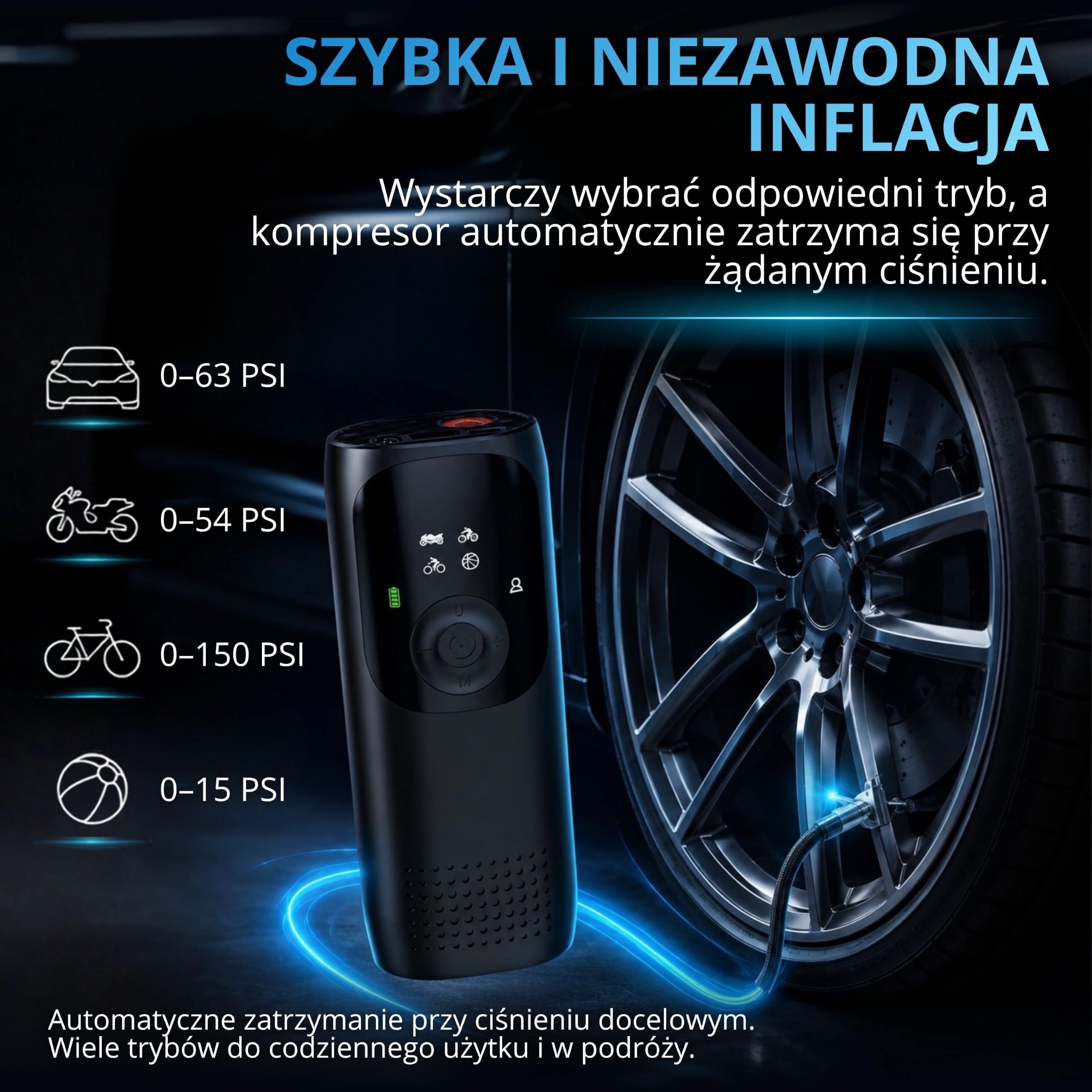 AutoSky Przenośna pompka do opon i sprężarka powietrza – elektryczna pompka powietrza do samochodu, motocykla, roweru i piłek, z powerbankiem i latarką LED, kompaktowa i mobilna
