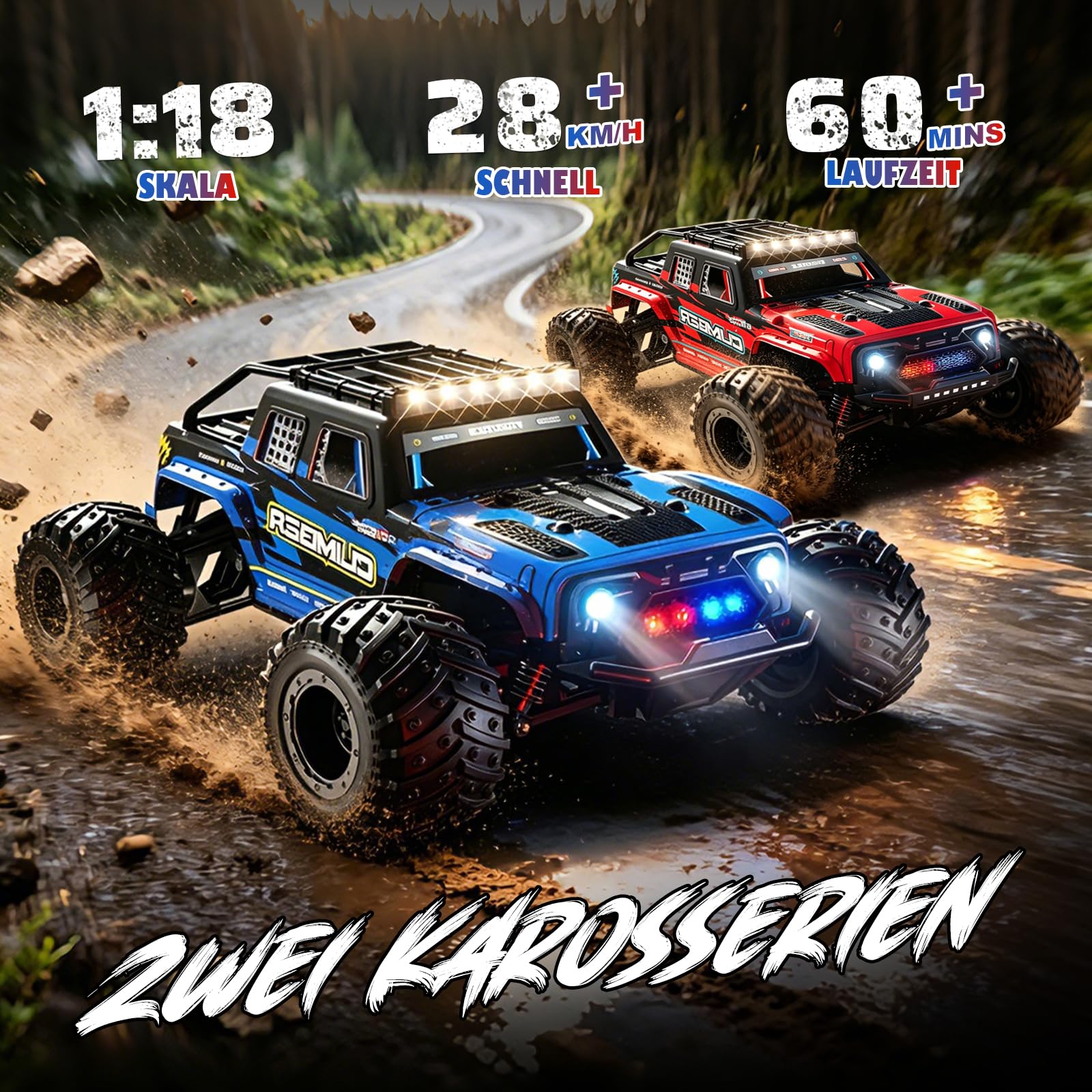 32 km/h, zdalnie sterowany samochód, monstertruck, z podwójną obudową i światłem, 1/18 RC Auto Offroad ze sterowaniem za pomocą aplikacji, 2 akumulatory 60 min, czas odtwarzania 2,4 GHz, zdalnie