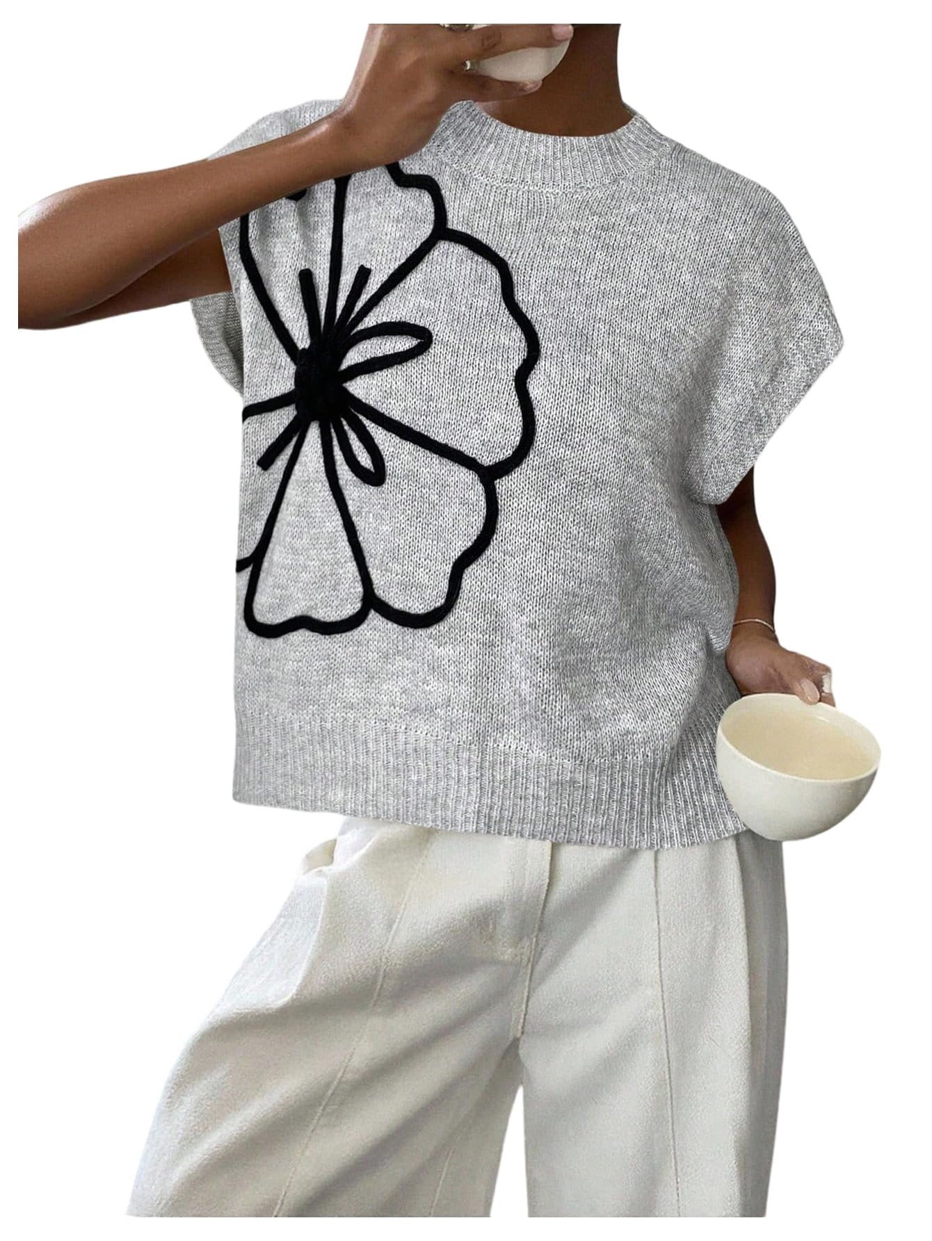 SOLY HUX Womens Short Sleeve Sweater 3D Floral Sweaters Pullover Tank Tops Knit Vest Trendy Fashion Clothing Light