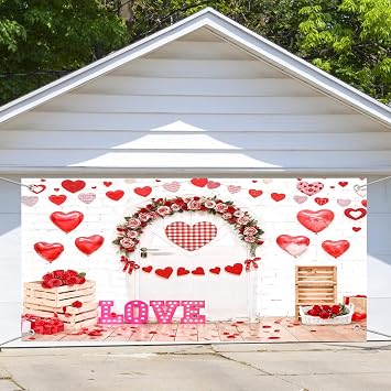 Valentine Garage Door Cover Banner Decorations, Valentines Backdrop Valentines Day for Photoshoot Balloon Hearts Hearts Garage Door Cover for Outdoor Wedding Decoration, 16X7 Ft, Multi5