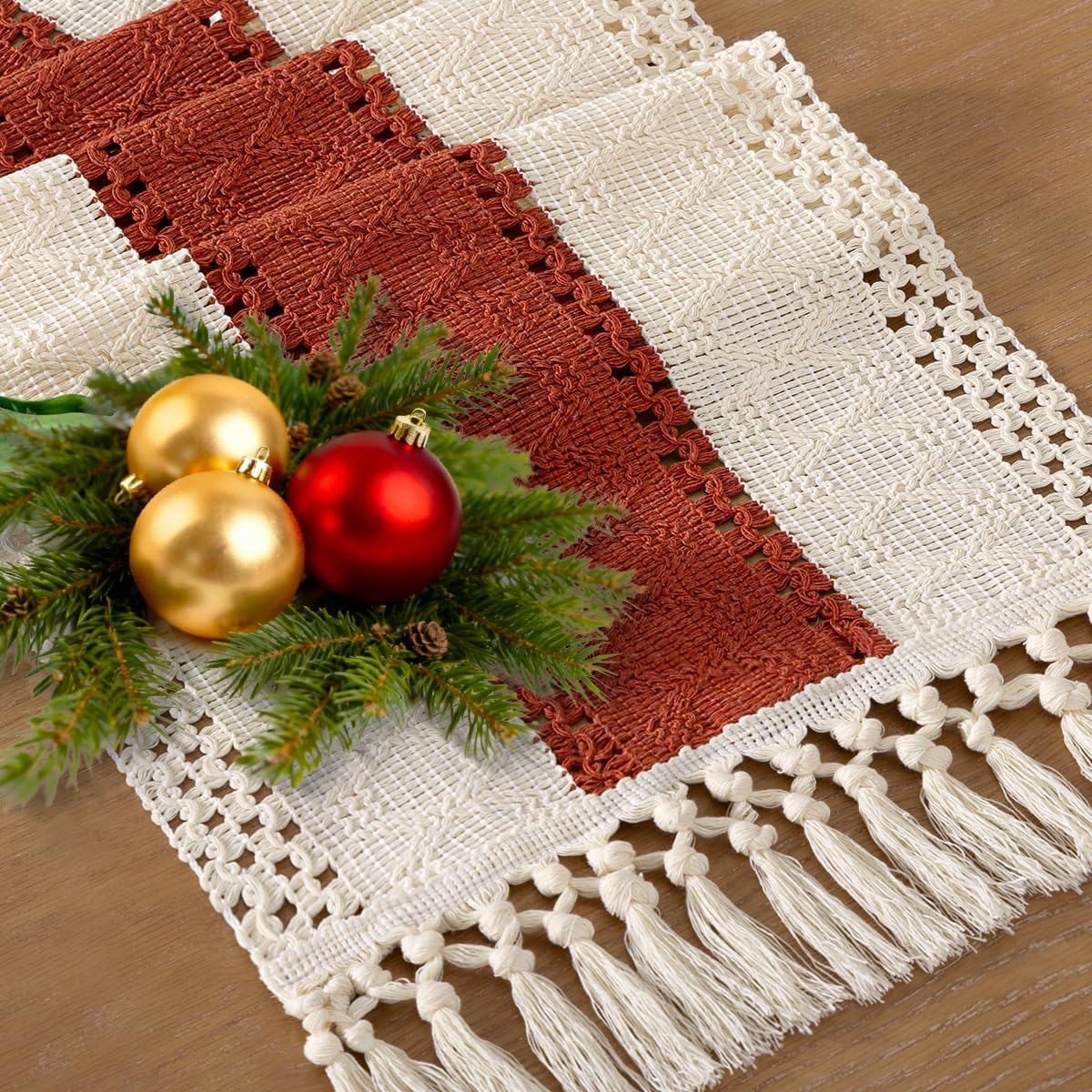 Socomi Boho Table Runner Summer Farmhouse Woven Cotton Linen Rustic Table Runner with Tassels for Dresser Scarf Home Decor Dining Room 12x90 inch Terracotta Ivory