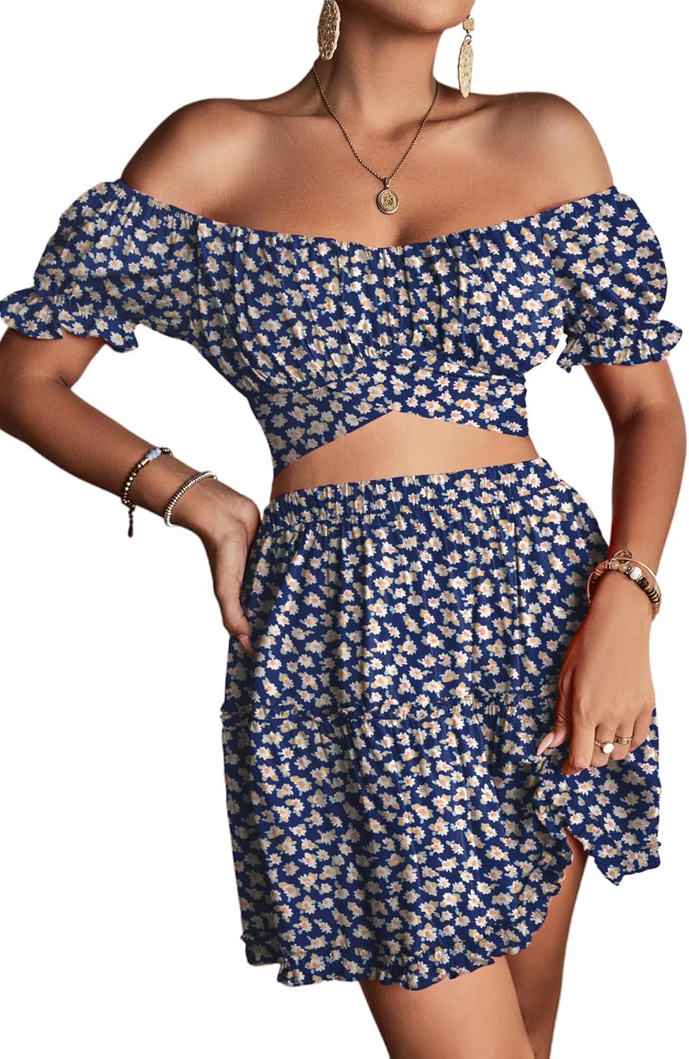 LYANER Women's 2 Piece Outfits Floral Off Shoulder Tie Up Crop Top and Mini Skirt Set - Image 5