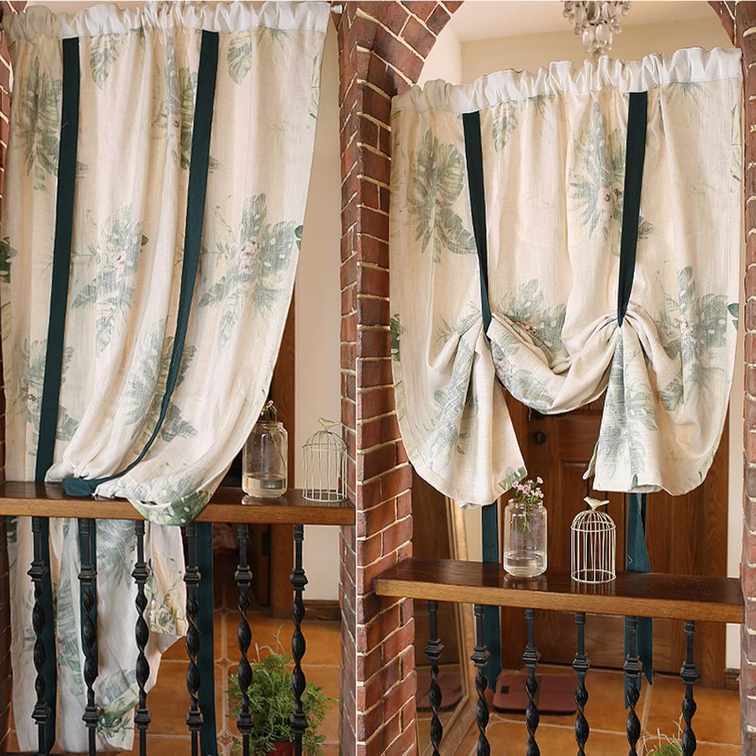 Nordic Style Tie Up Curtains Valance Roman Shade - Kitchen Balloon Window Shades - Tropical Plant Print Partition Curtain - Short Curtain Adjustable for Bedroom 1 Pcs